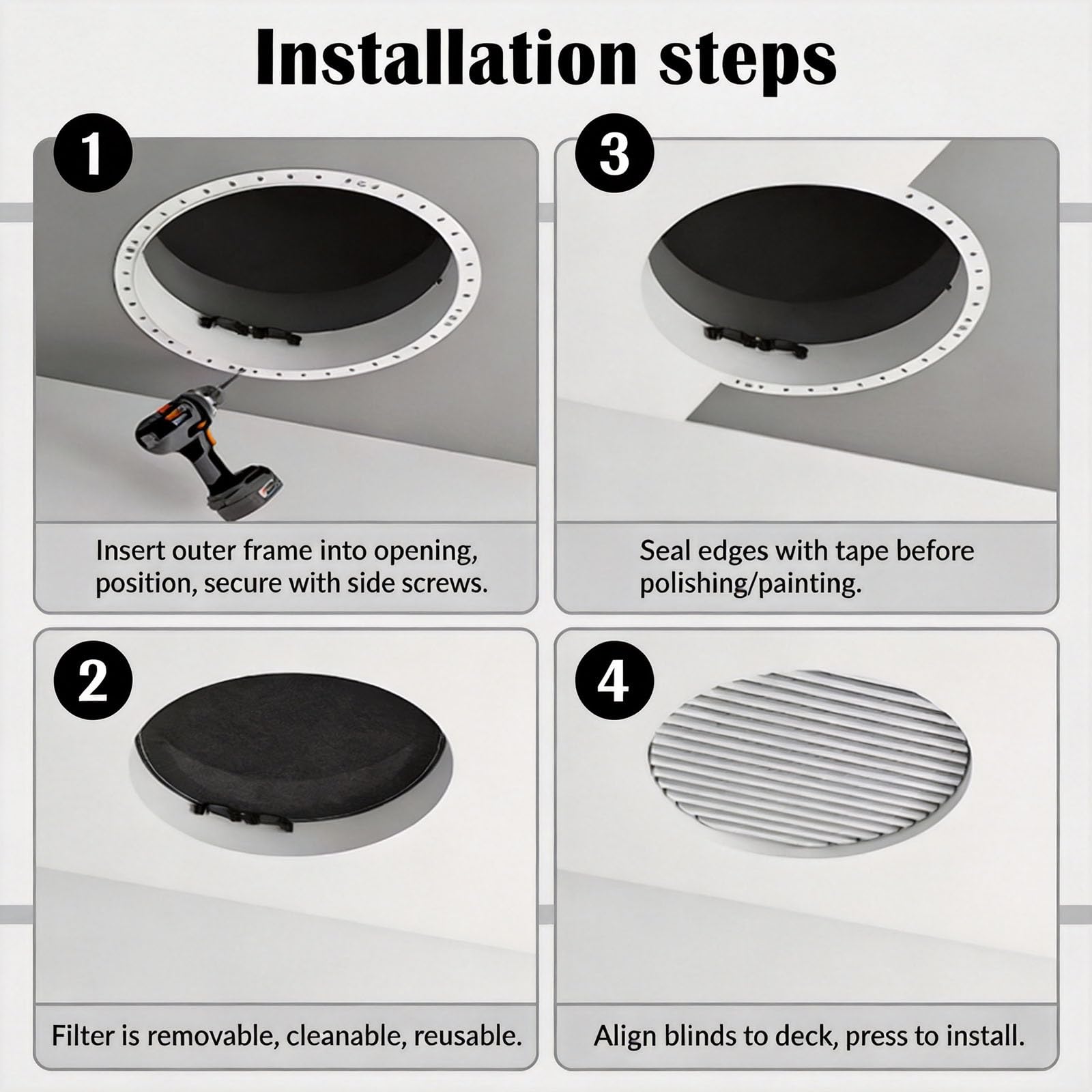 Tapa de ventilación, Tapa de ventilación Redonda Blanca Decorativa con Rejilla de Filtro, Panel de Acceso con Rejilla extraíble para una fácil instalación en el baño, Taller o Sala de Estar