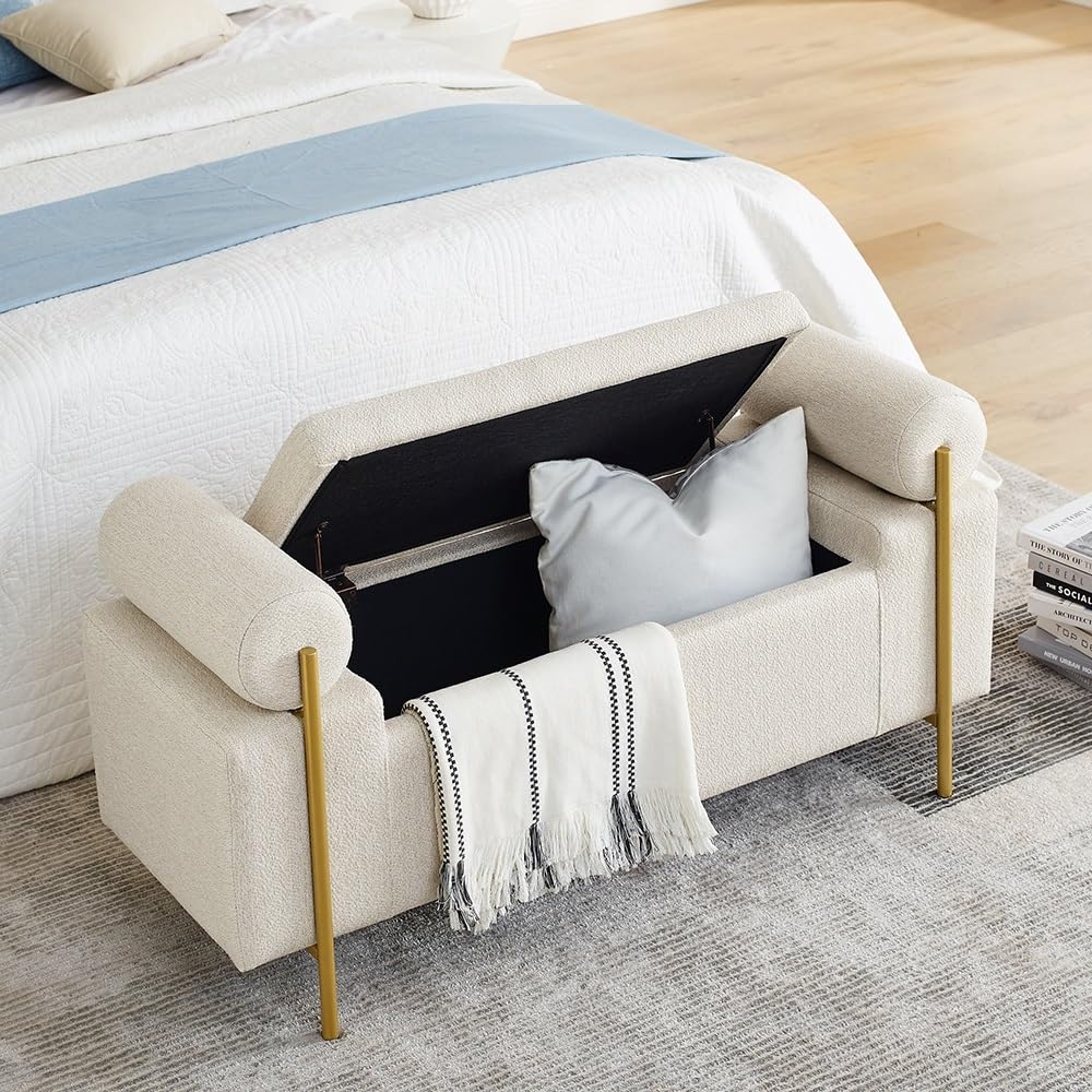 Moderno Elegante Banco de Almacenamiento tapizado de Lino con Brazos cilíndricos y Patas de Hierro for Pasillo, Sala de Estar y Dormitorio. Decorativo(Beige)