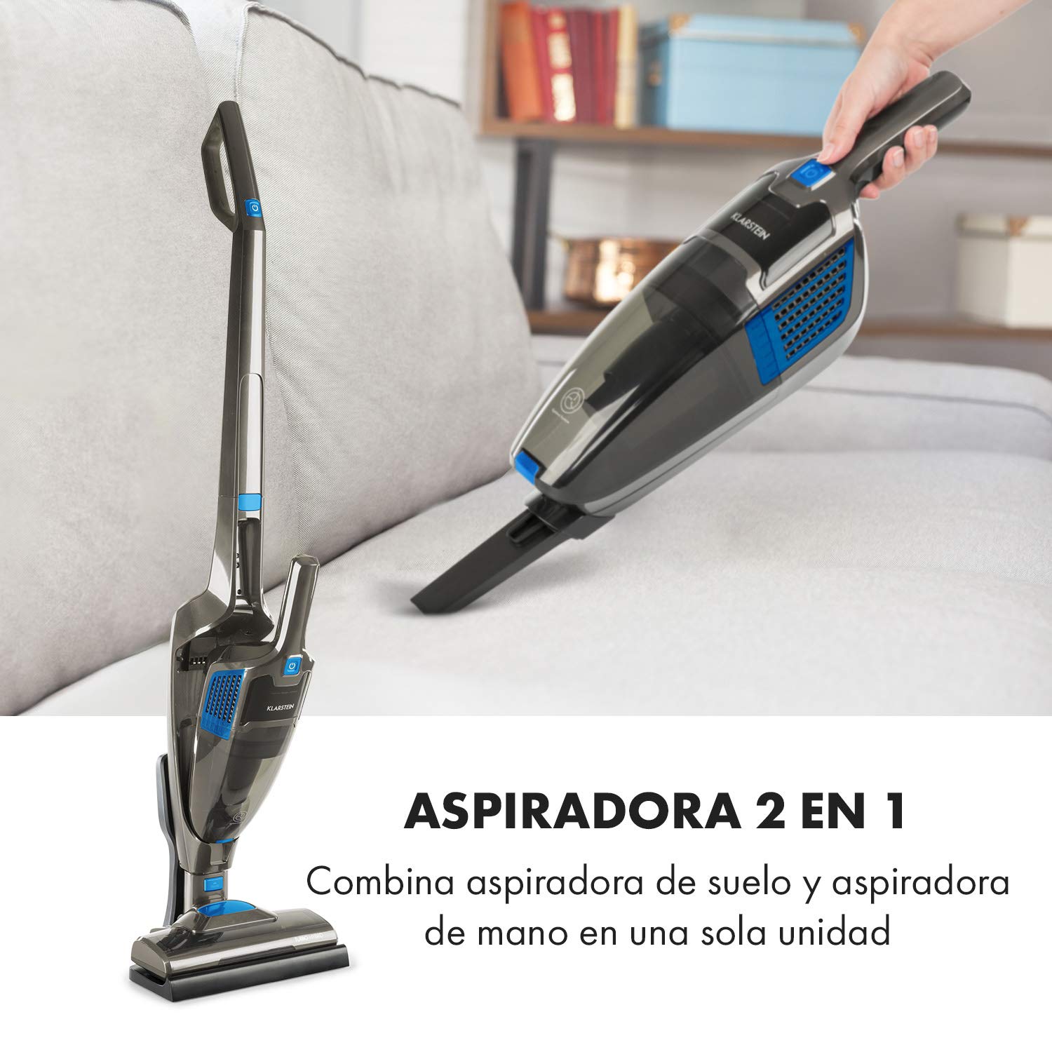 Klarstein TurboHybrid Aspiradora Sin Cable, Aspirador Escoba Ciclónico y de Mano, hasta 50 min de Autonomía, Batería Li-Ion 25,2V, 2 Niveles de Succión, Sin Bolsa, LED, Azul Antracita