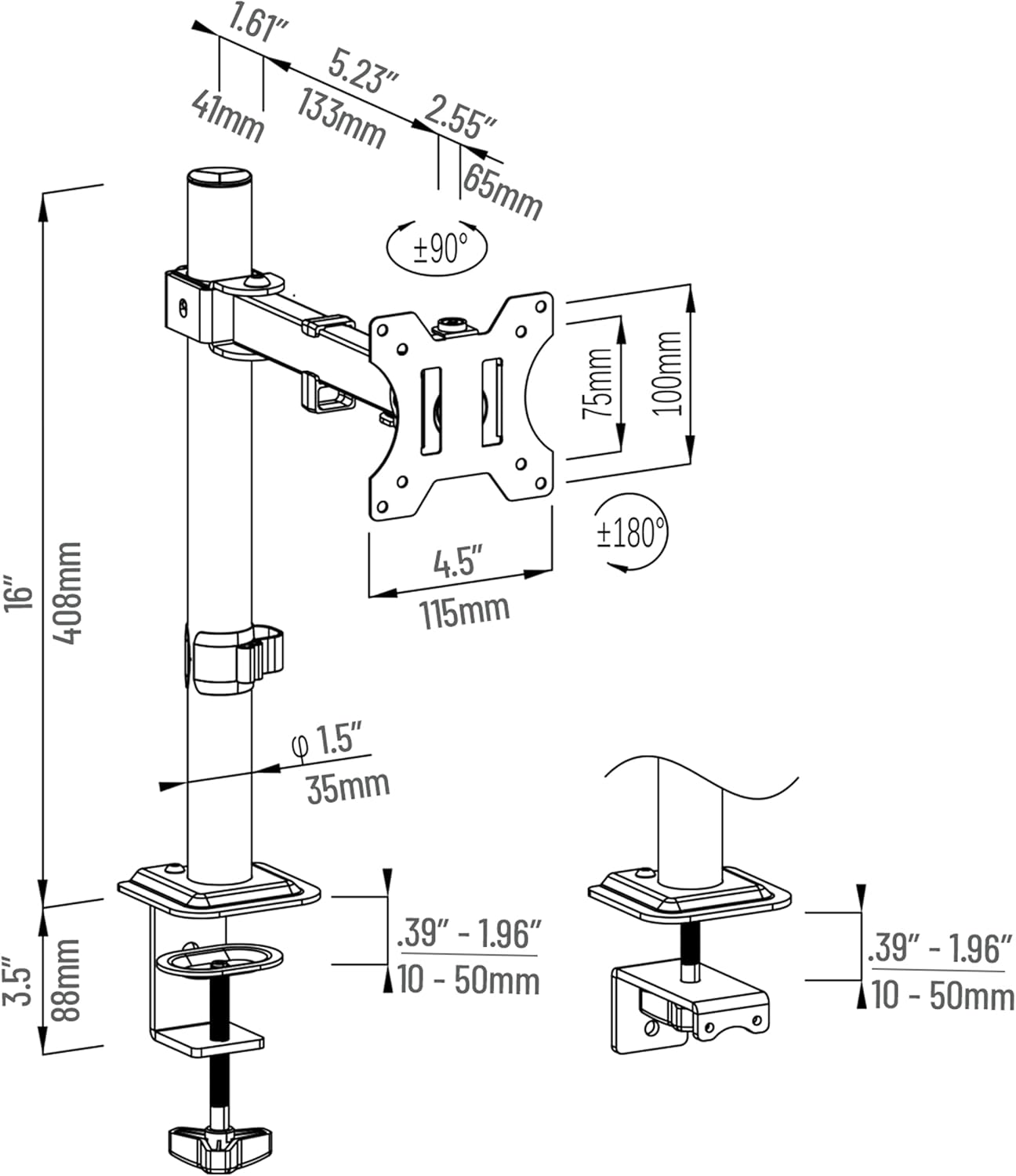 Mind Reader Single Monitor Desk Mount for 13–32 Inch Screens, Adjustable Arm with 180° Rotation, ±90° Swivel, ±45° Tilt, VESA 75x75/100x100, Integrated Cable Management, Up to 17.6 lbs Load, Black