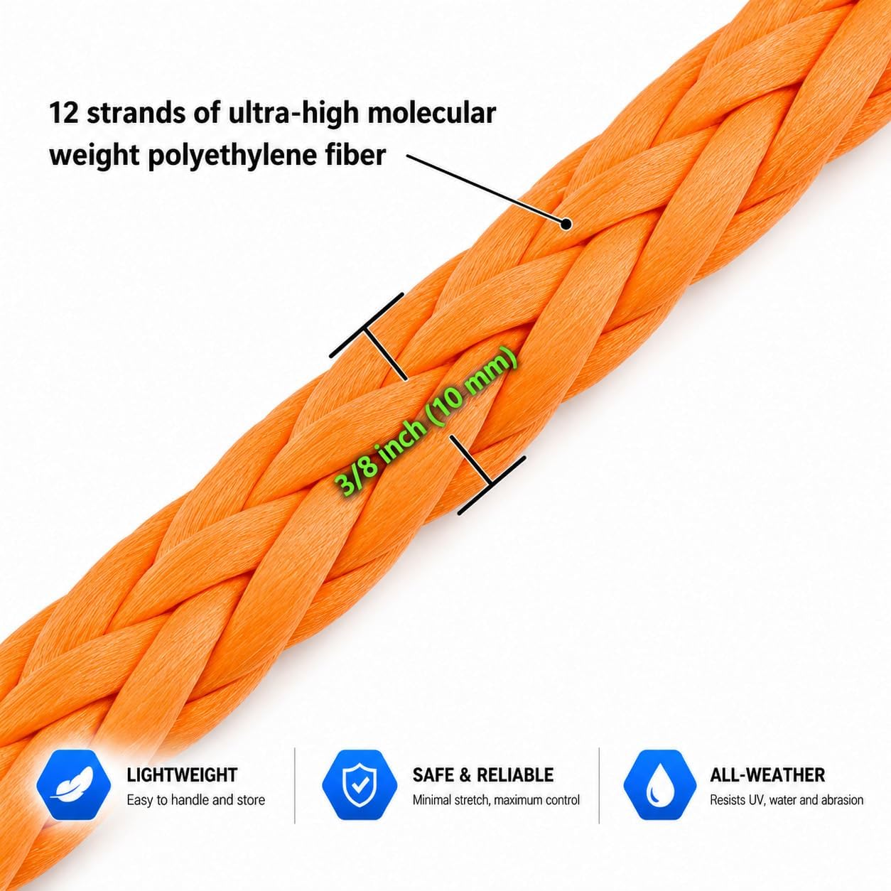 Ucreative 3/8" x 50' Synthetic Winch Extension Rope Orange