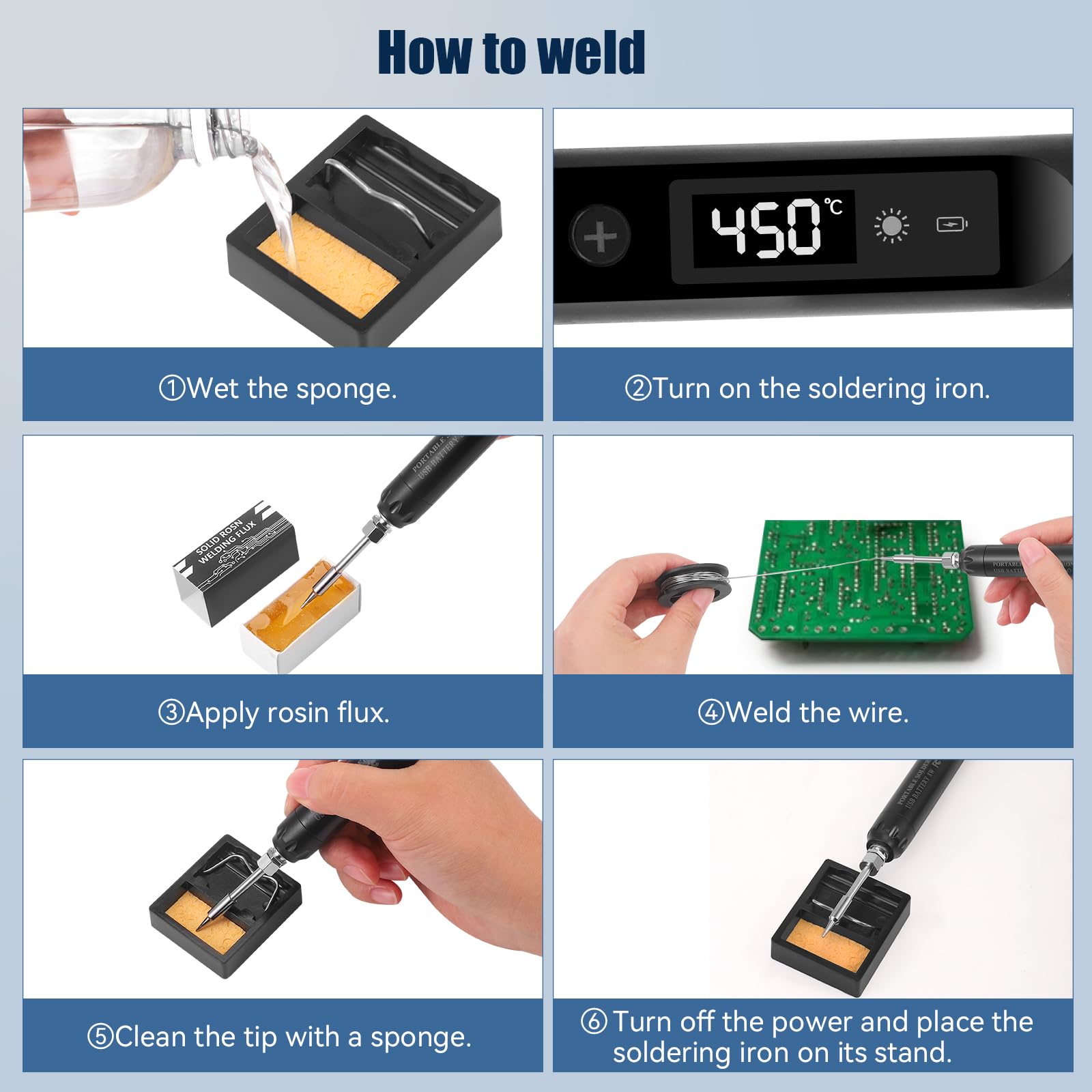 Set soldador estaño, Juego de soldador recargable por USB con pantalla LCD, temperatura ajustable de 200 a 450 °C, 3 puntas, alambre de soldadura, soldador y pasta de soldadura para soldar electronica