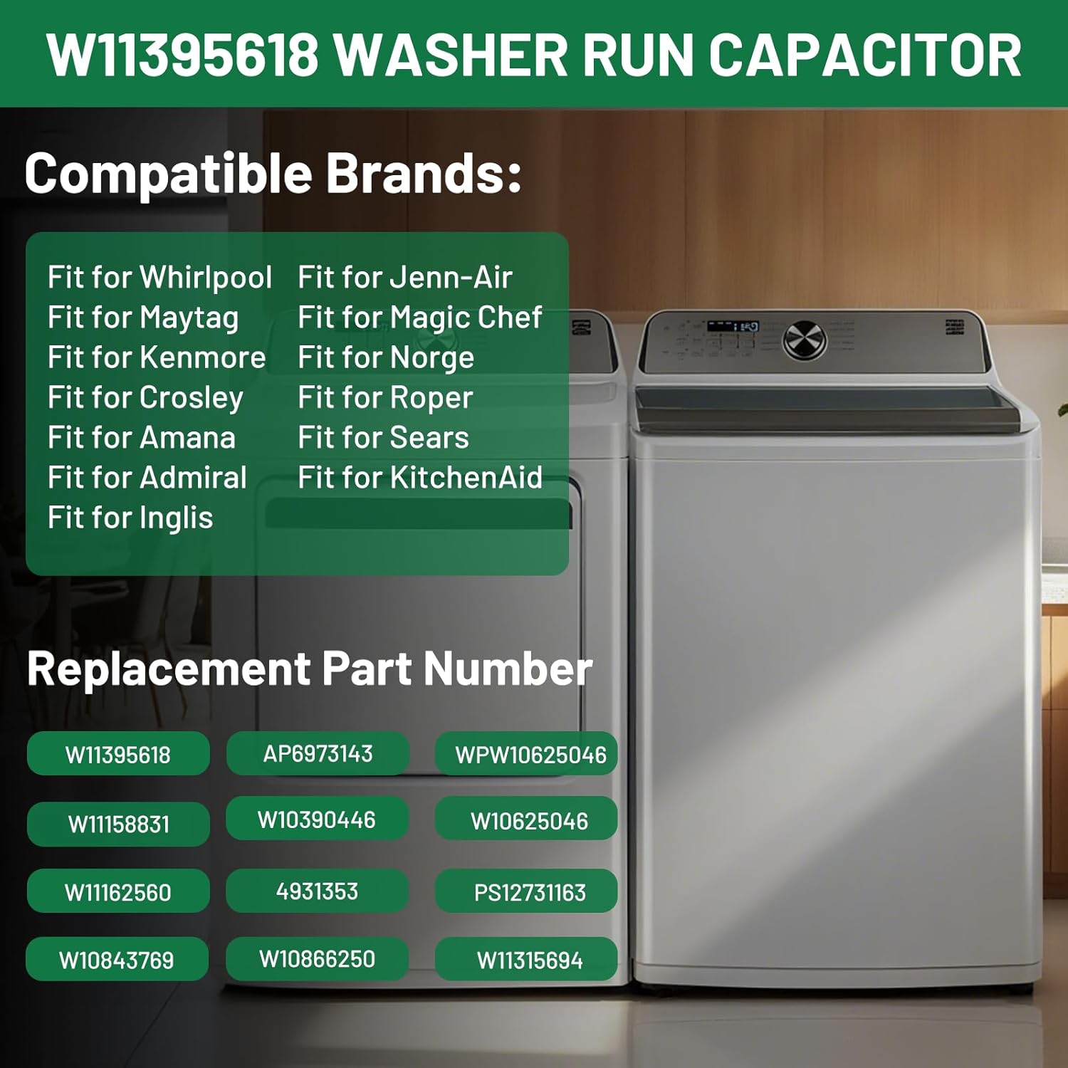 W11395618 W11162560 W10625046 Washing Machine Run Capacitor Replacement for Whirlpool Washer Capacitor, Replace W10866250 W10390446 W10843769 WPW10625046 W11315694, Fit for Whirlpool Maytag Kenmore