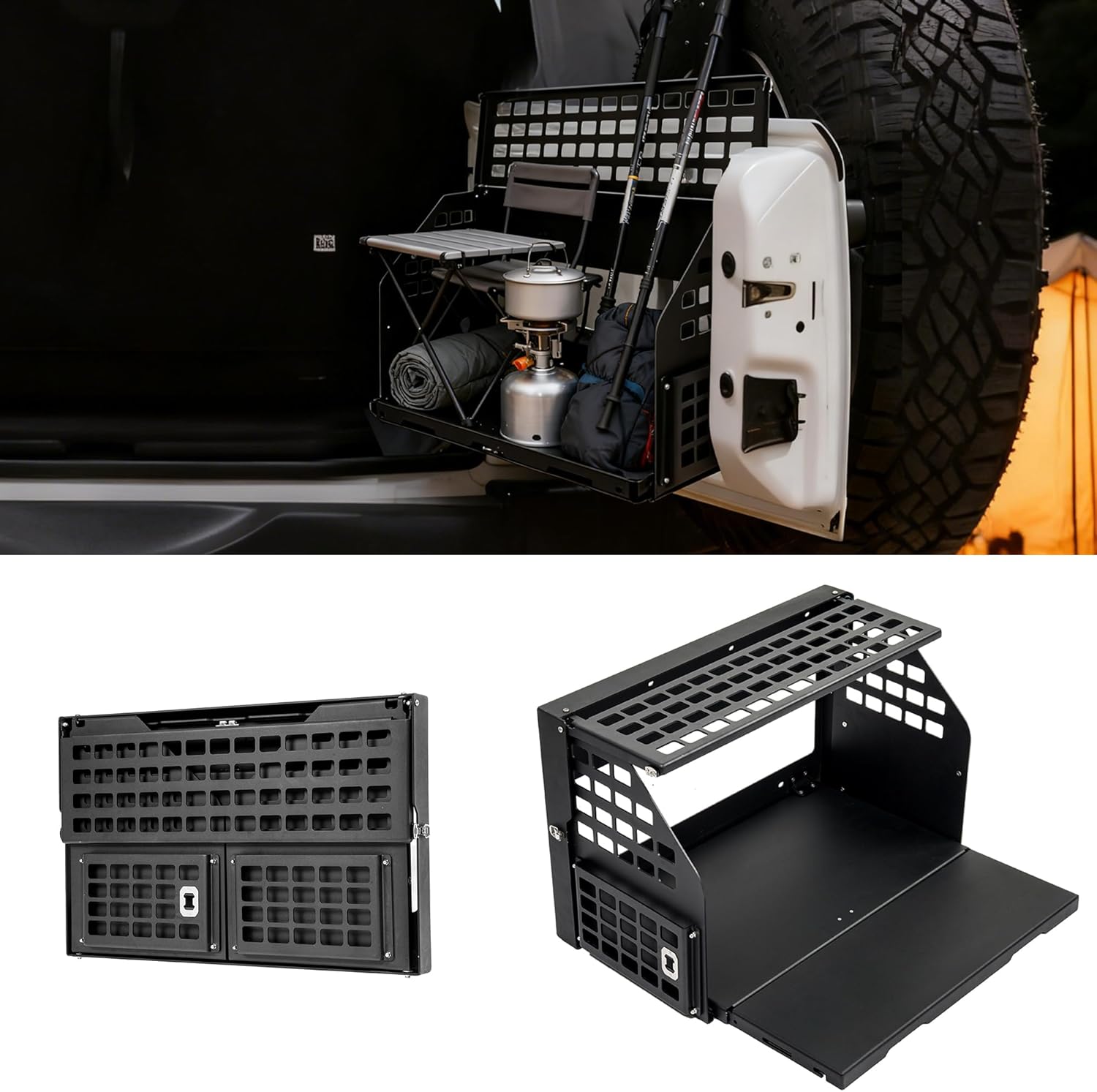 Aluminum Tailgate Table w/Molle Panel for Jeep Wrangler 2007-2017 JK JKU 2018-2024 JL JLU 2/4 Door Rear Door Foldable Cargo Shelf Storage Rack Camping Travel Cooking Outdoor Accessories