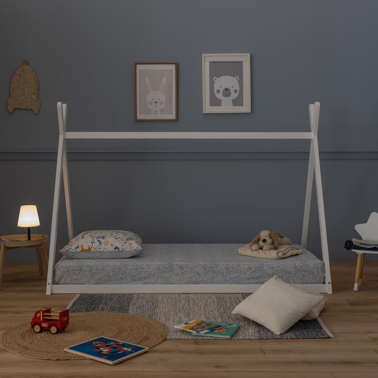 Happy Garden Cama Tipi Infantil Valentin Blanca, tamaño 190x90cm, con somier de láminas Diseño lúdico, Estructura de Madera Blanca, fácil de Montar