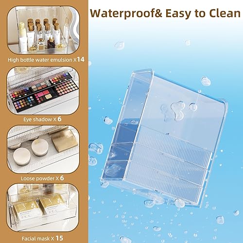 Miniatura 4 de GearFusion Organizador de cosméticos transparente de 3 niveles, vitrina de maquillaje con tapa y cajones, caja de almacenamiento de tocador, soporte