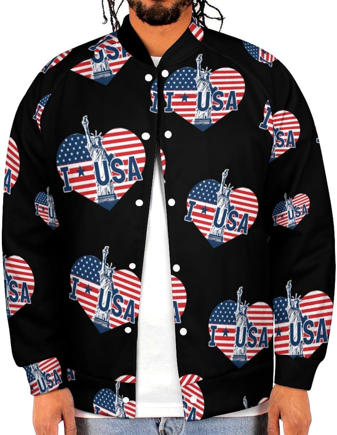 I Love U.S. Novelty Men's Baseball Jackets Causal Sweatshirt Button Top Long Sleeve Coat