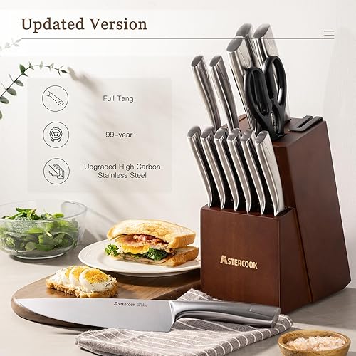 Miniatura 2 de Astercook Juego de cuchillos de cocina con bloque y afilador, 15 cuchillos de acero inoxidable de alta calidad, hoja ultra afilada, aptos para
