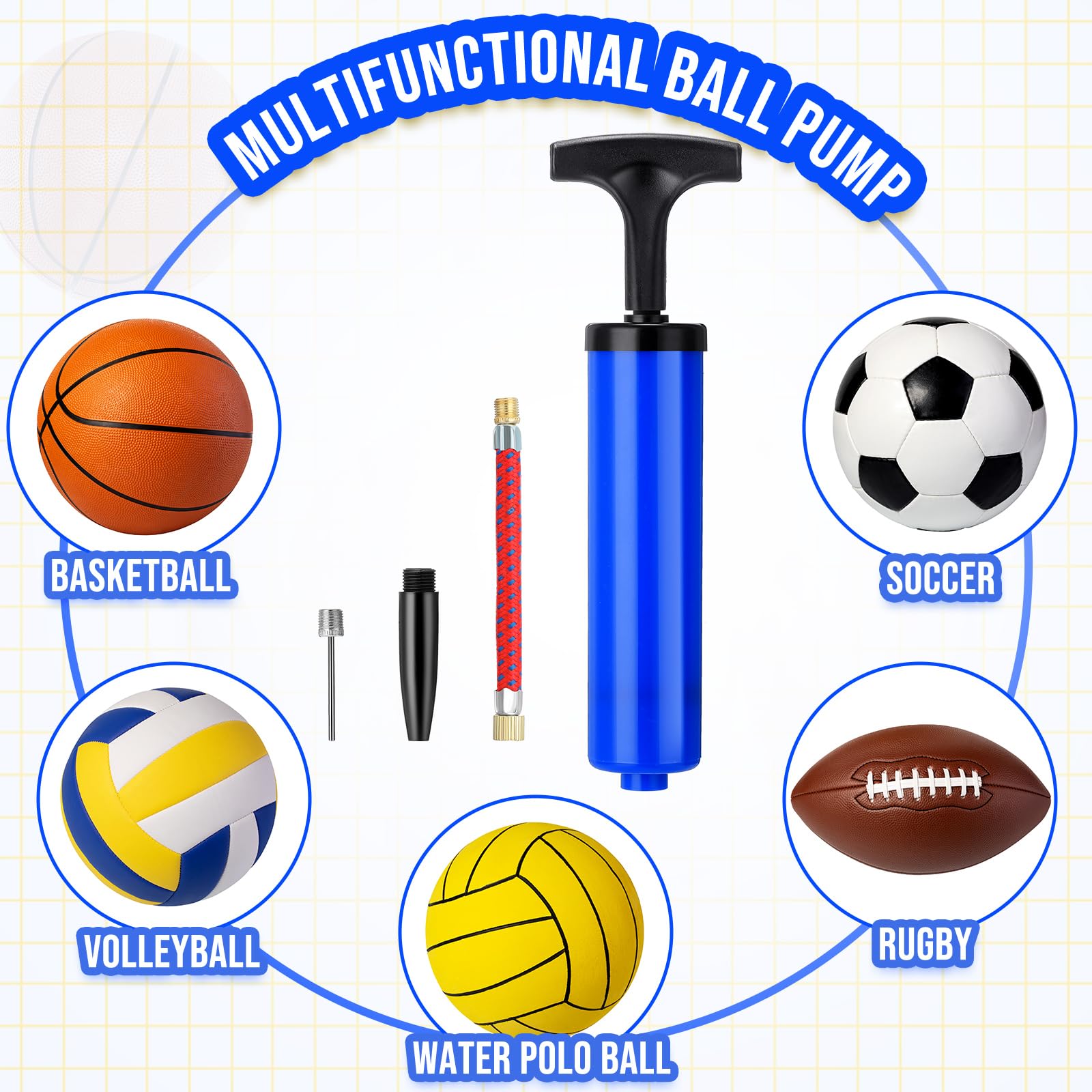 Jerify 50 juegos de bomba de bola de 8 pulgadas, bomba de aire portátil para pelota deportiva para fútbol con manguera de extensión de aguja, inflador para inflar fútbol, baloncesto, voleibol, globo