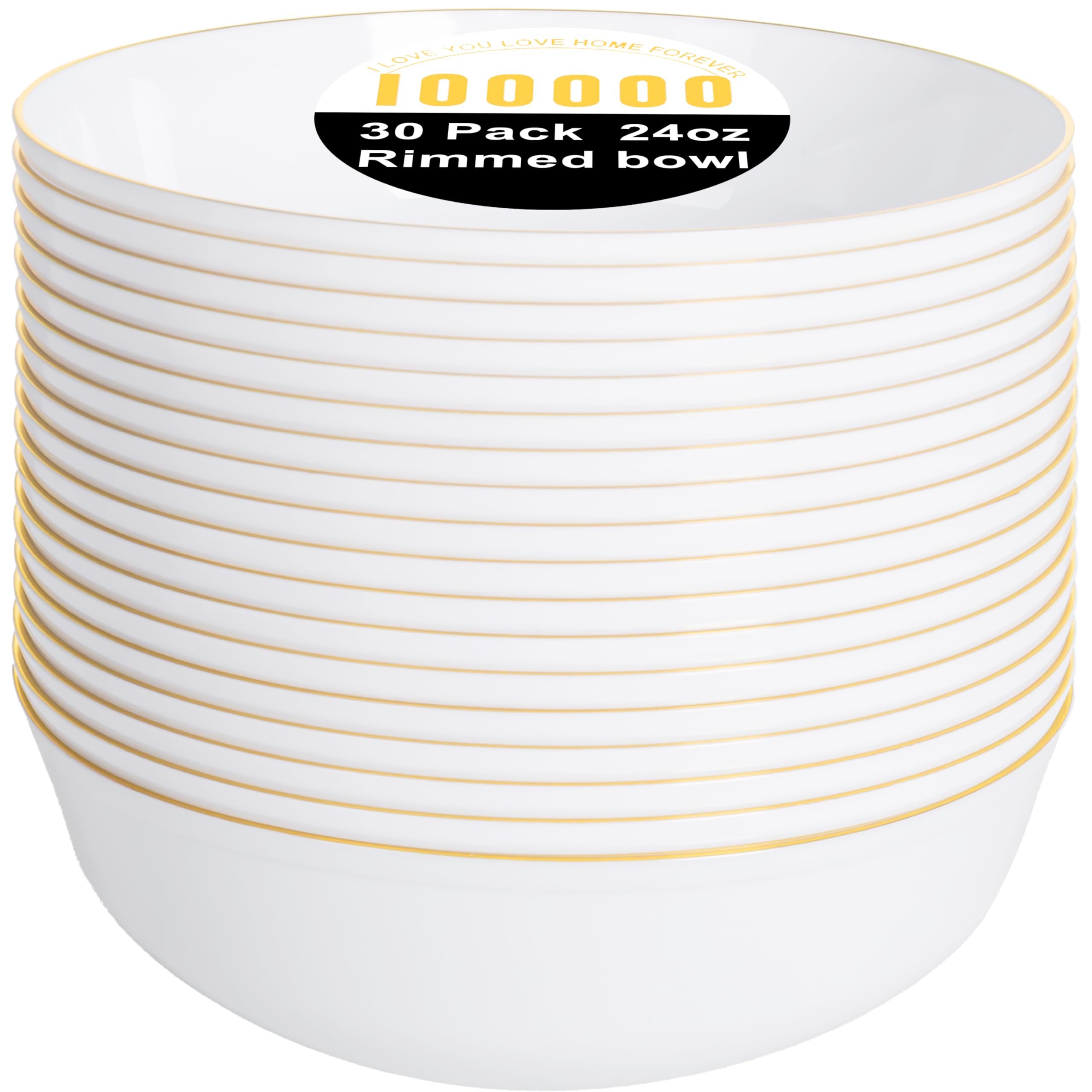 I00000 30 Pack White Plastic Bowls with Gold Rim,16-24oz Disposable Soup Bowls,Premium Heavy Plastic Serving Bowls Ideal for Salad, Soup,Noodles