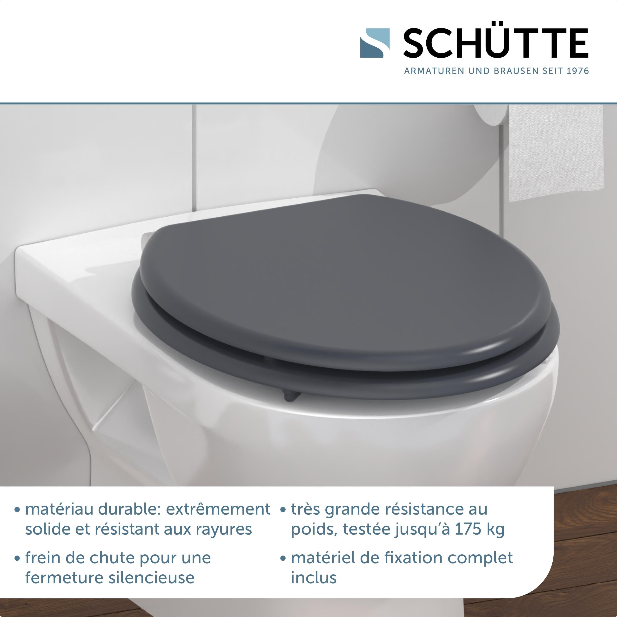 SCHÜTTE Cuvette Toilette Bois avec frein de chute | Massif Abattant WC Bois | Avec abattant durable | Très grande résistance au poids | Testée jusqu'à 175kg | Gris