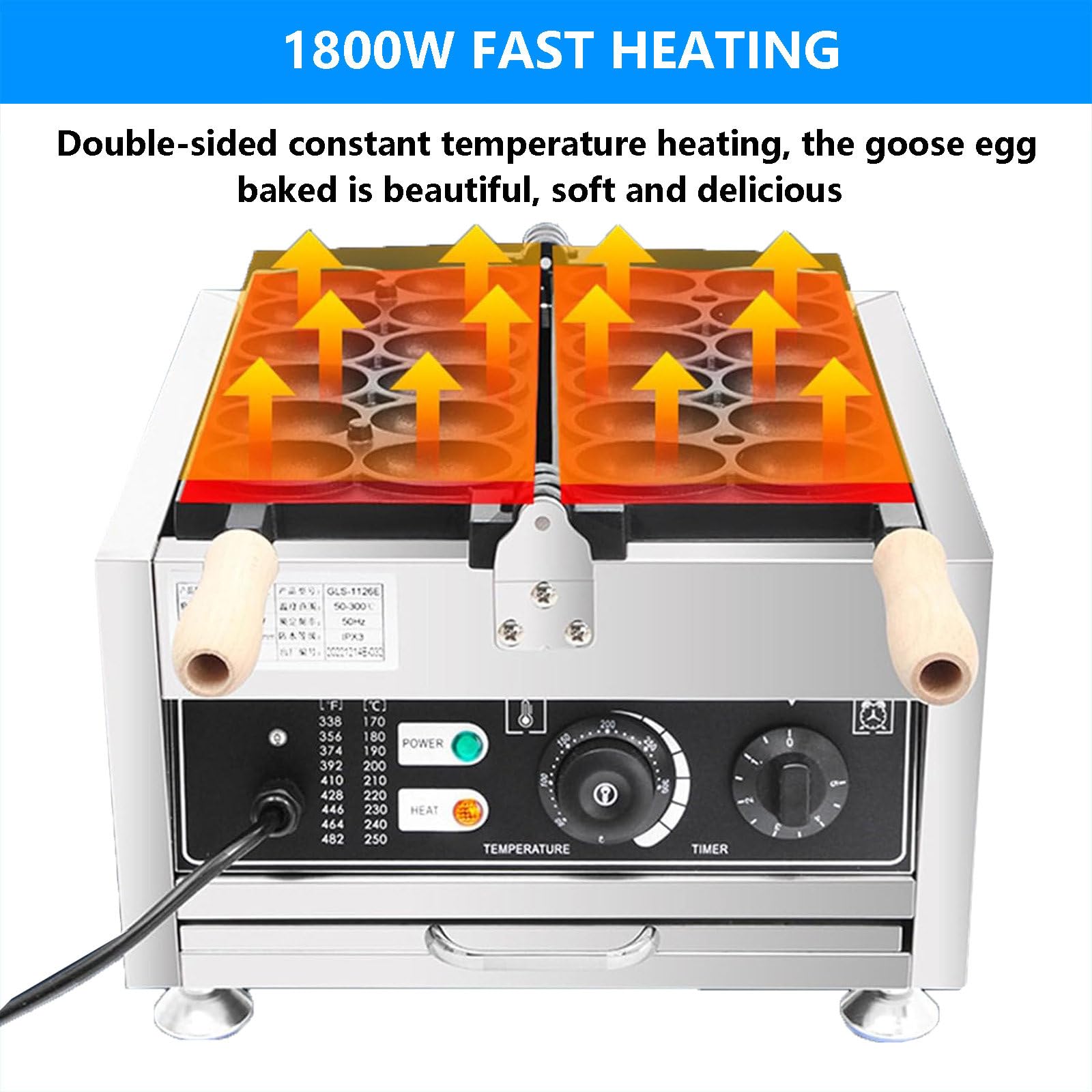 Komercyjna Gofrownica Bąbelkowa Z Funkcją Obrotu O 180° I 4 Szczypcami Do Grillowania, Elektryczna Gofrownica W Kształcie Jajka O Mocy 1800 W, Ze Stali Nierdzewnej, Łatwa Do Czyszczenia, Regulowany Z