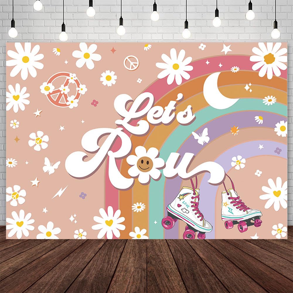 AIBIIN 7x5ft Lets Roll Backdrop Roller Skating Grils Glow Birthday Photography Background Groovy Boho Rainbow Hippie Daisy Floral Birthday Party