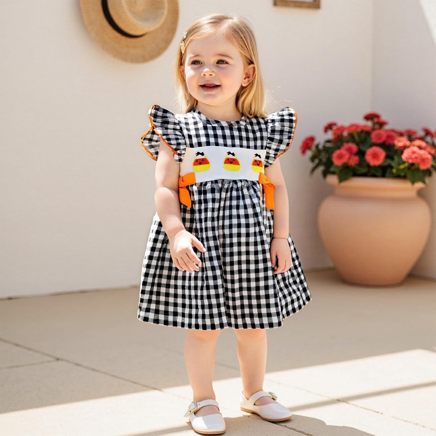 Toddler Baby Girl Halloween Dress Plaid Dot Ghost Pumpkin Short/Long Sleeve Smocked Dress Boutique Clothing - Image 2