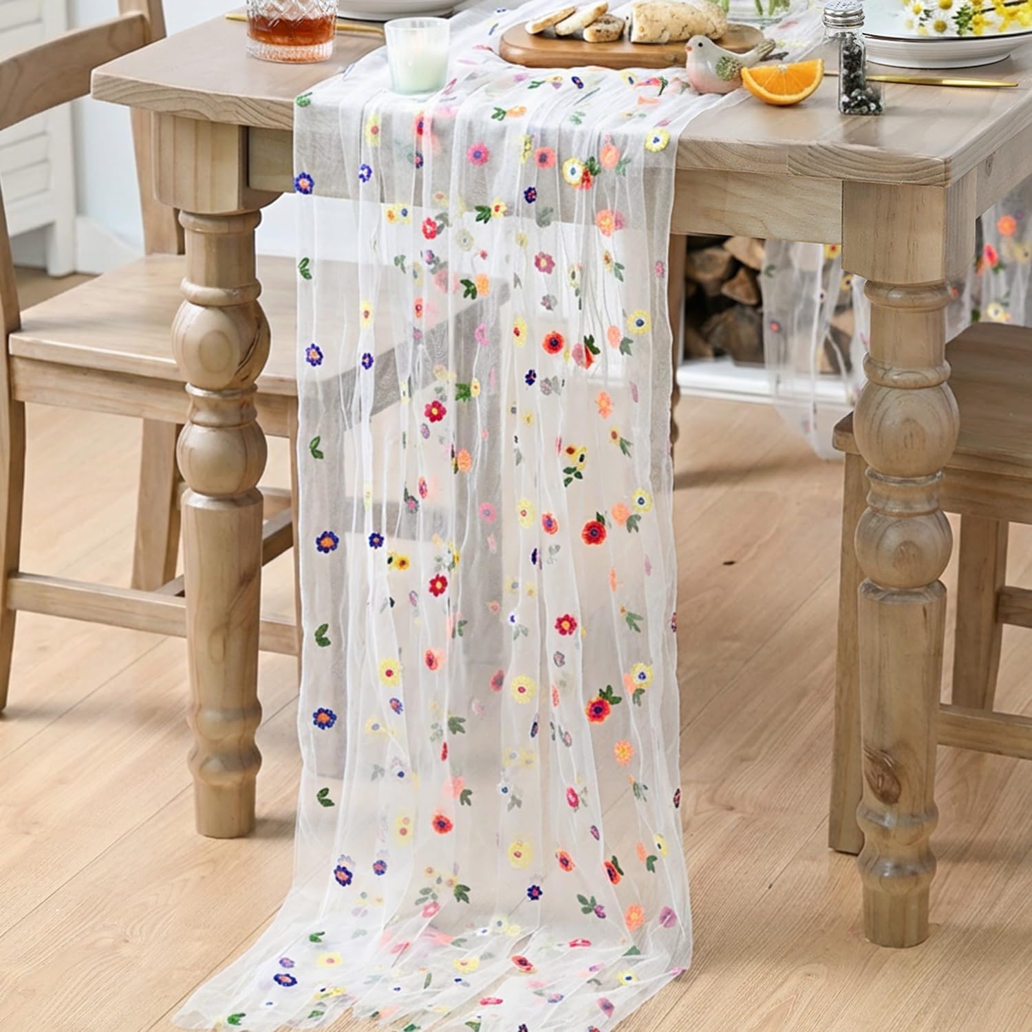 Artoid Mode 3PCS Embroidery Daisy Gauze Table Runner 120 Inch 10FT, Seasonal Sheer Kitchen Dining Holiday Wedding Birthday Table Decor for Home Party