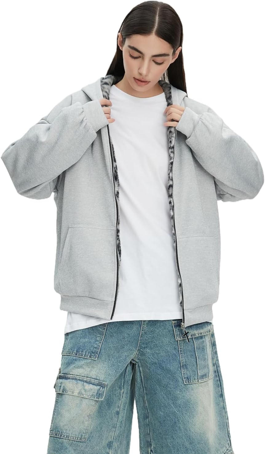 Y2k Zip Up Hoodie Fur Hooded Jacket Warm Winter Coat for Men Fur Collar Hoodies Streetwear Unisex Streetwear