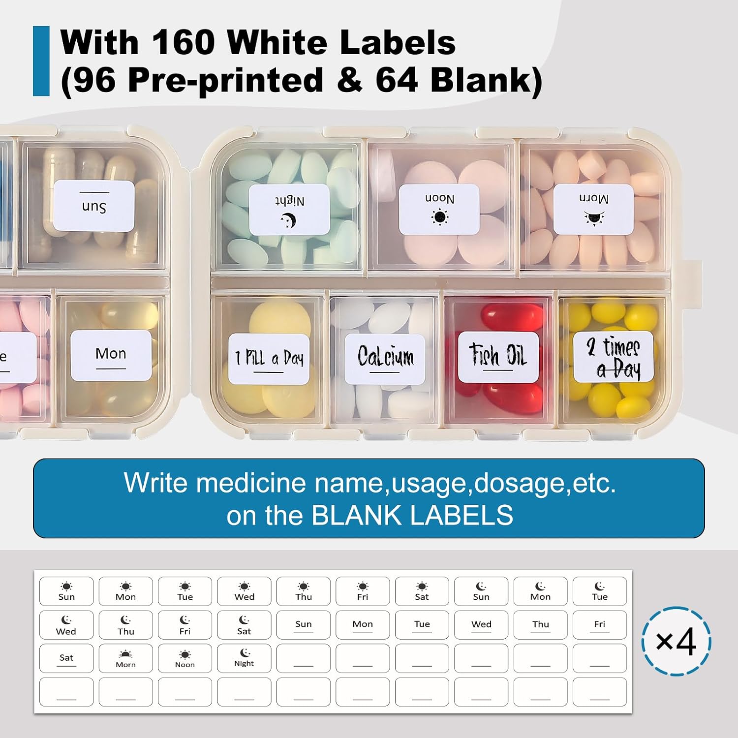 4 Pack, 14 GRIDS Travel Pill Organizer Box with Labels - Travel Medicine Case Kit - Pocket Daily Pharmacy Container - Travel Medication Holder Dispenser for Fish Oil Vitamin Supplement Storage