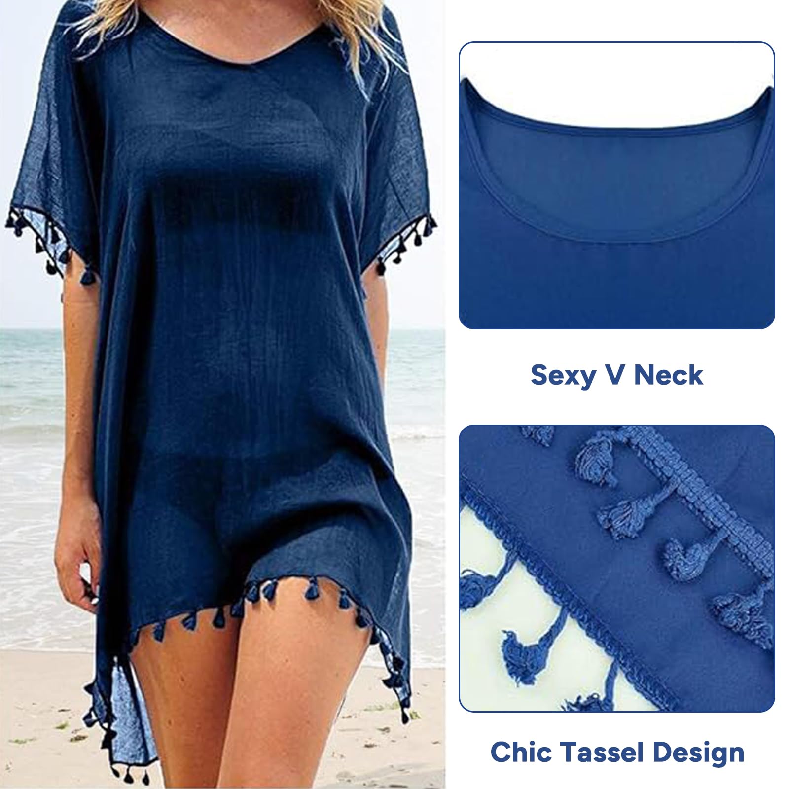 Robe de Plage pour Femmes Ete Bikini Cache-Maillots Mousseline Poncho de Plage Maillot de Bain Plage Bikini Cover Up Chic Loose Semi-Transparent Robe Couvrir Blouse Tunique pour Vancance