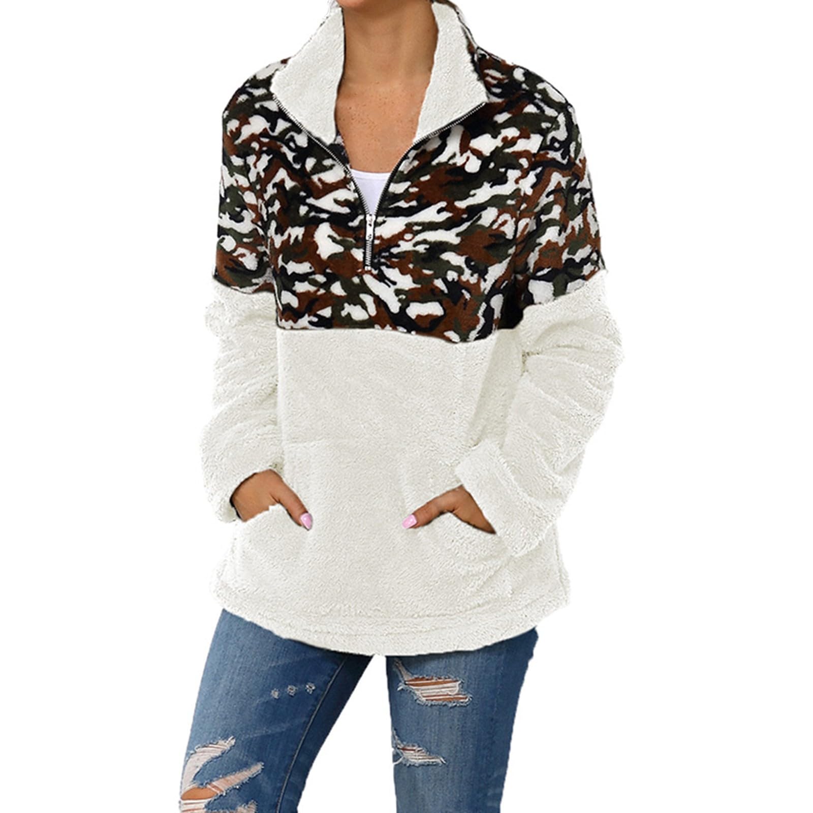 1/4-Reißverschluss Damen Teddy Pullover Leopardenmuster Warm Sherpa Teddy-Fleece Sweater Damen-Fleece-Pullover Weich gemütlich Oversize Langarmshirt für Frauen Mit Taschen