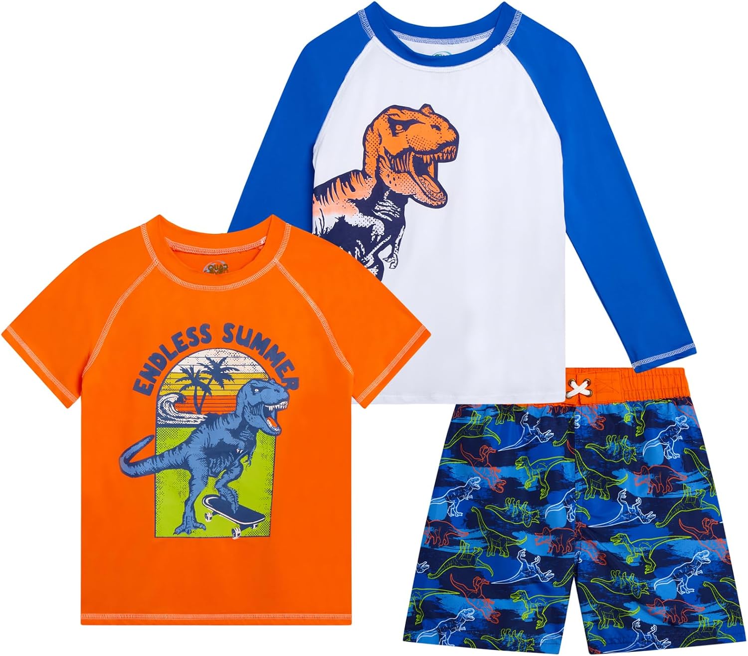 Quad Seven Boys Swim Set - 3 Piece Toddler Swim Trunks Boys Rash Guard Long Sleeve and Short Sleeve Kids Swimwear (2T-7)