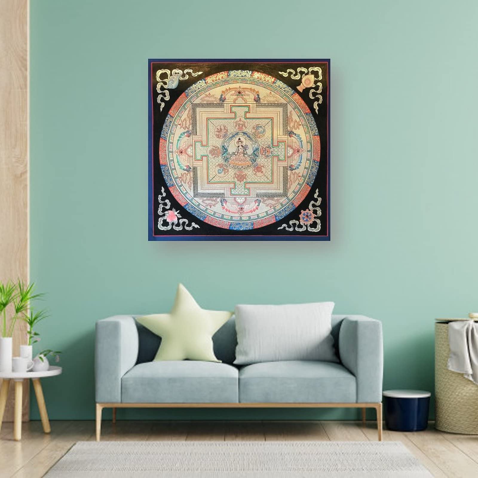 Poster su tela con mandala tara bianco con 8 simboli di buon auspicio buddismo religione meditazione, poster da parete arte moderna per la casa, 50 x 50 cm
