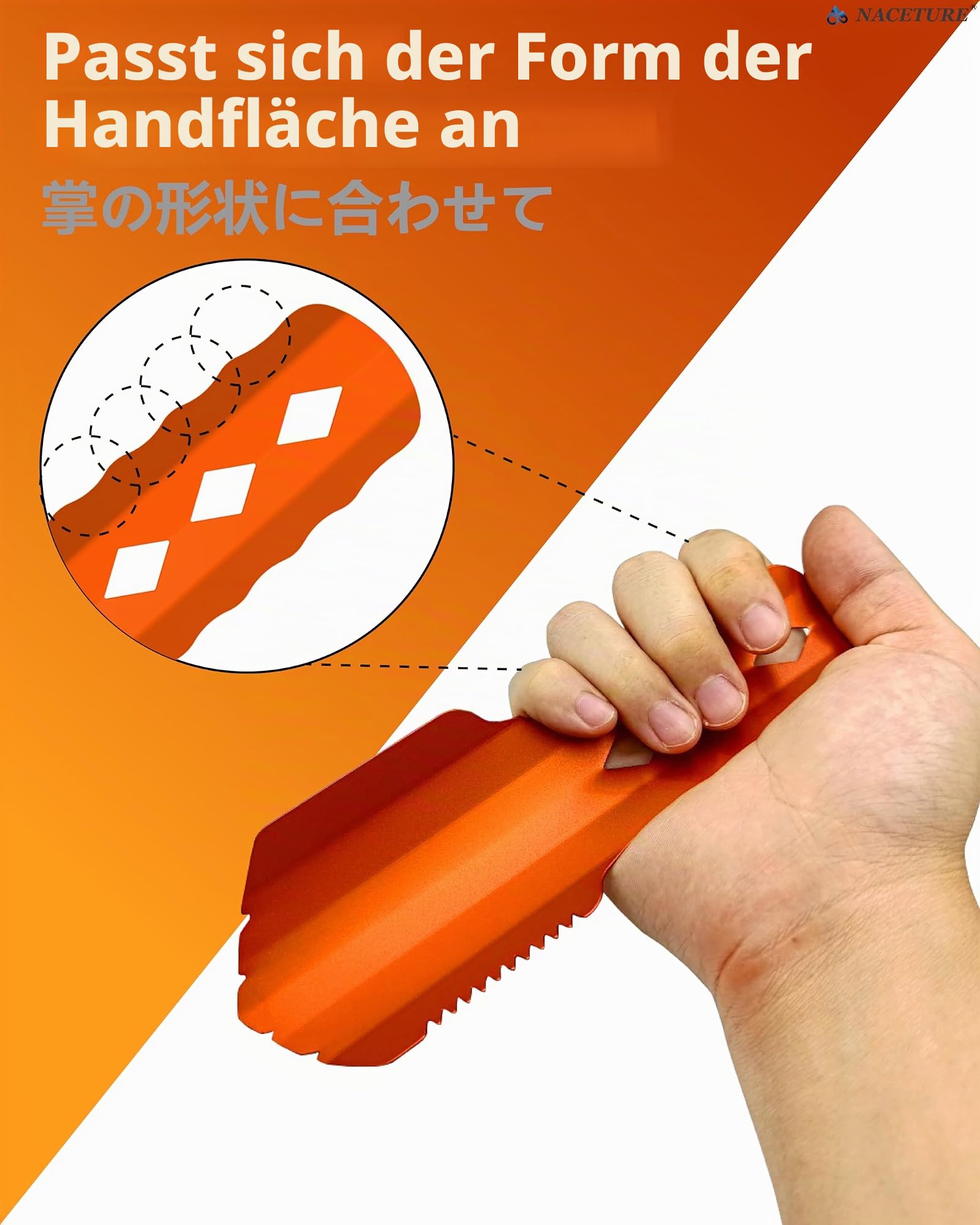 NACETURE Ultraleichte Rucksackkelle aus Aluminium, kleines Töpfchen-Multifunktionswerkzeug mit längerem Griff, unverzichtbar für Wandern, Camping und Überlebensbeutel (orange, 1 Stück)