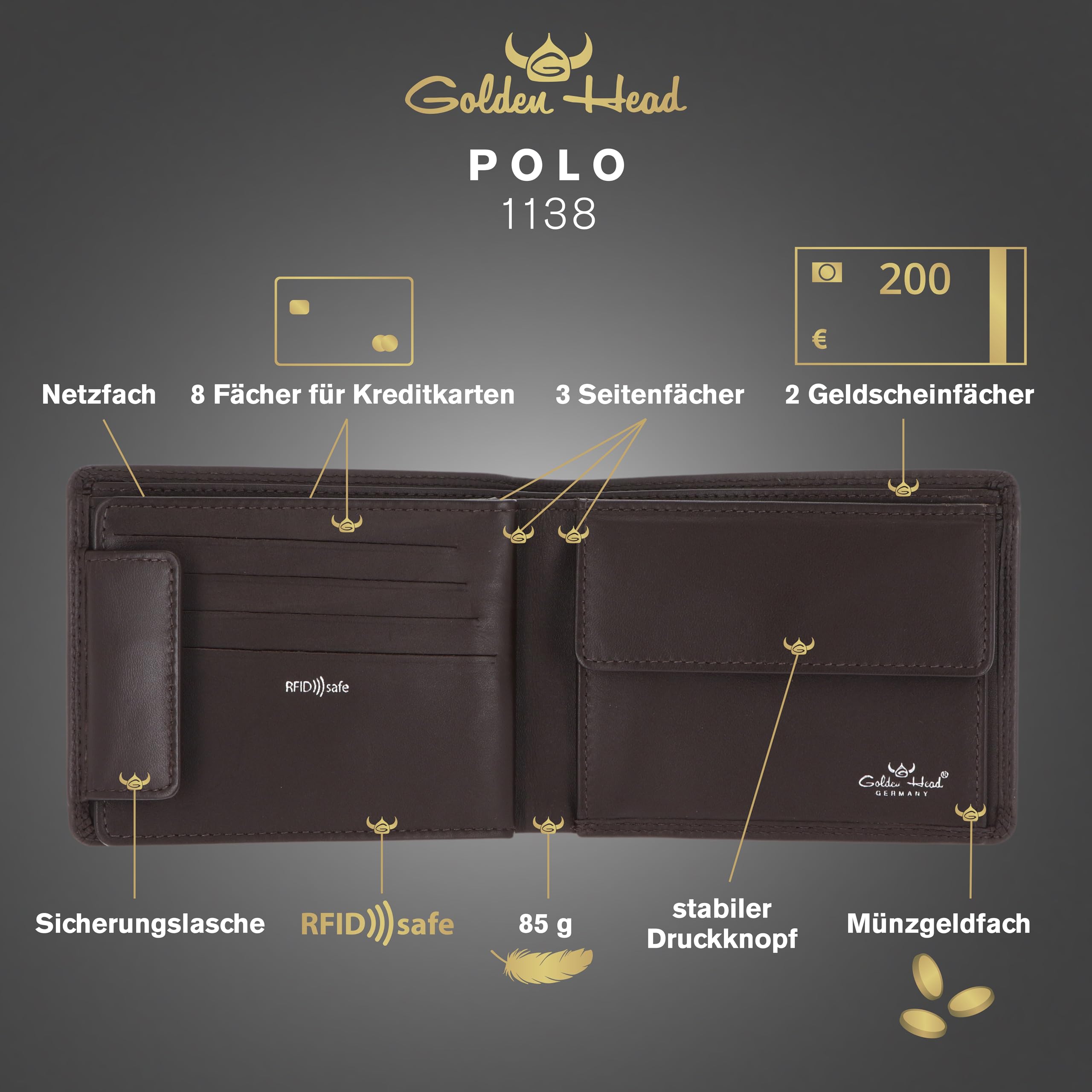 Golden Head Leder Geldbörse Polo RFID Protect Scheintasche 1138 Dunkelbraun