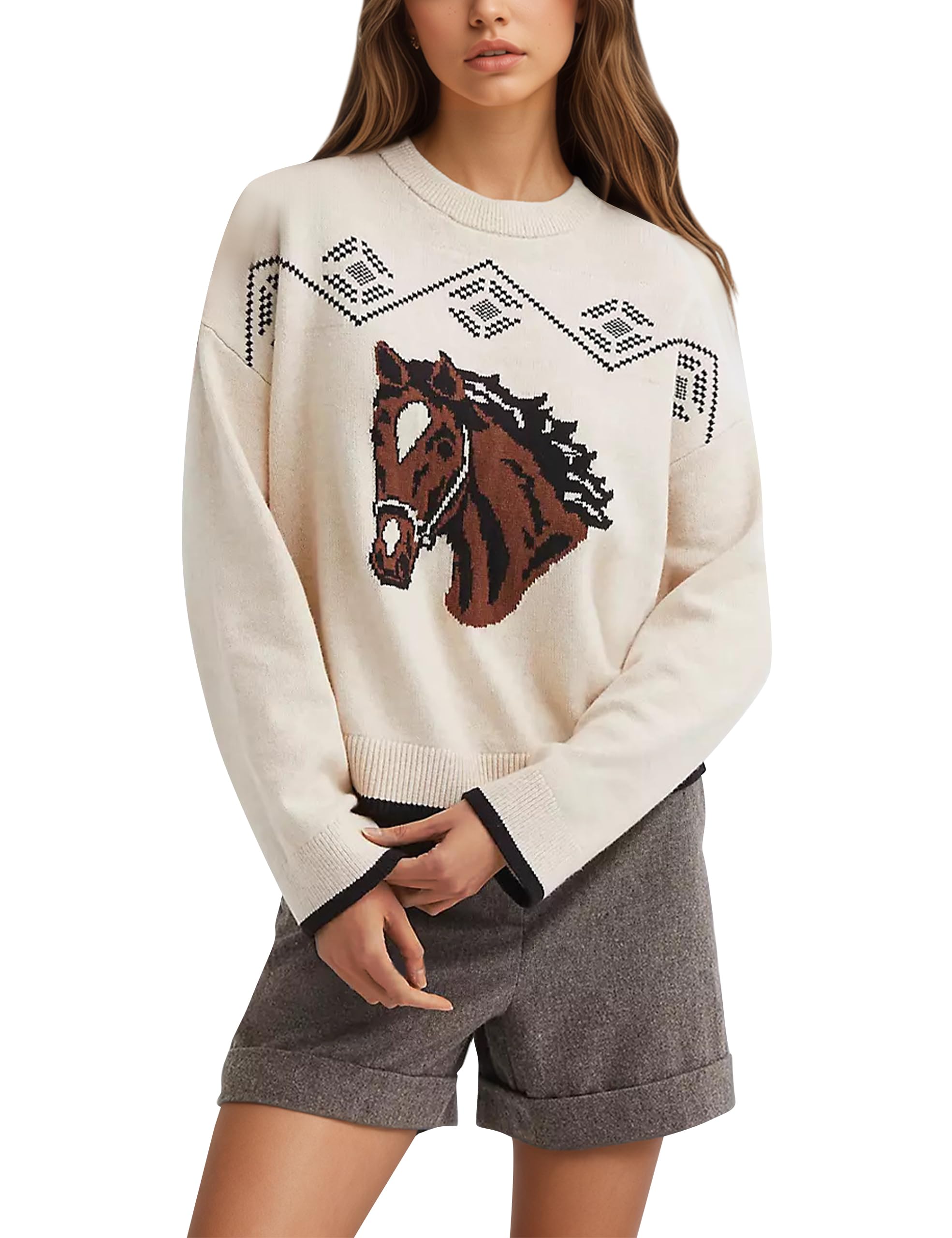 OLAPTA Women Horse Print Graphic Crewneck Sweaters Tops Long Sleeve Loose Knit Lightweight Cute Casual Fall Pullover Clothes