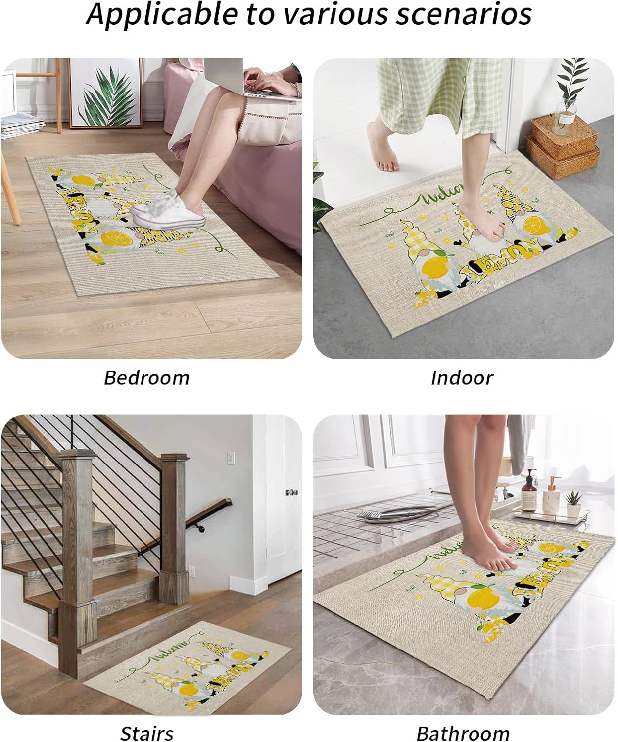 Indoor Door Mat Washable Mat 24x36 Inch - Outdoor Non-Slip Mat Absorbent Resist Dirt Doormats Welcome Summer Cute Gnomes with Lemons Floor Mat for Entryway Patio Bathroom