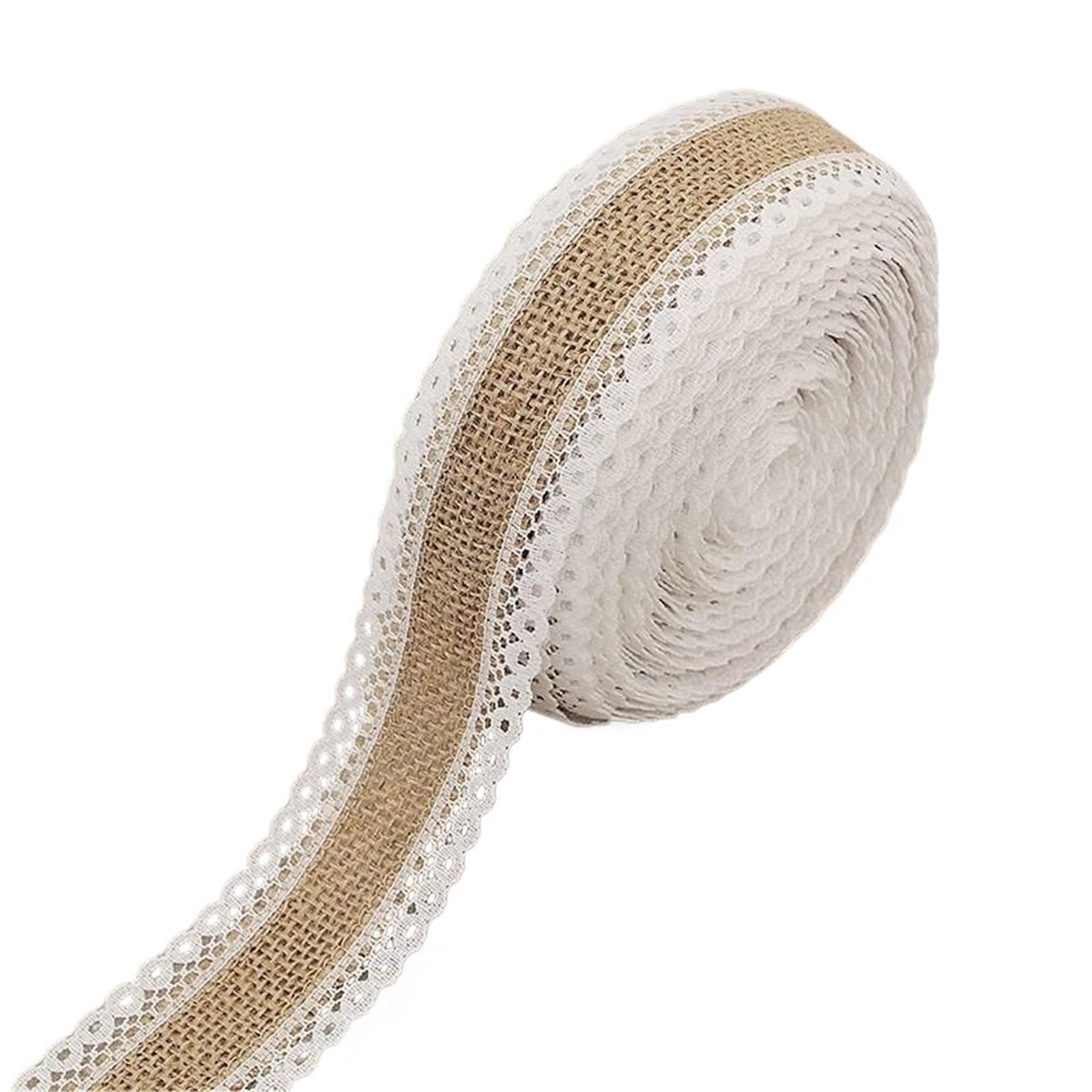 Dvmsief Color1 Hessian 2M/Roll Lace Burlap Natural Jute Hessian Ribbon With White Rustic Wedding Party Decoration Ornamentn Wrapping Decor(Color1)
