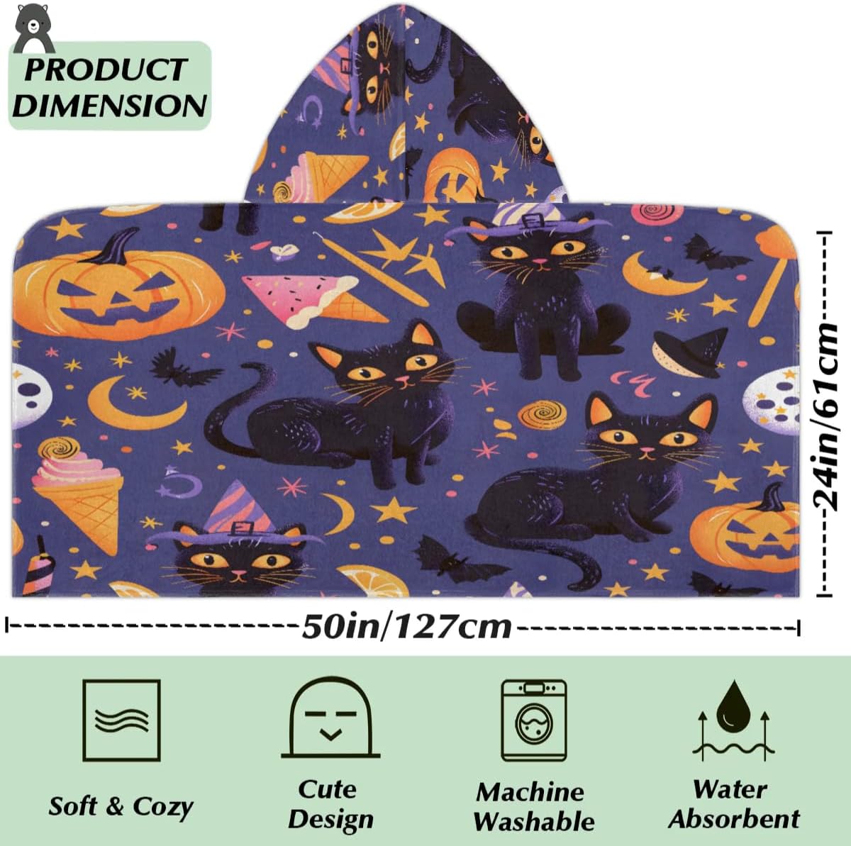 Pardick Kids Bath Towel Festivals Halloween Cat Beach Towel with Hood Pool Cover Up for Girls Boys Soft Absorbent Hooded Bath Towel Toddler Towels for Beach, Pool