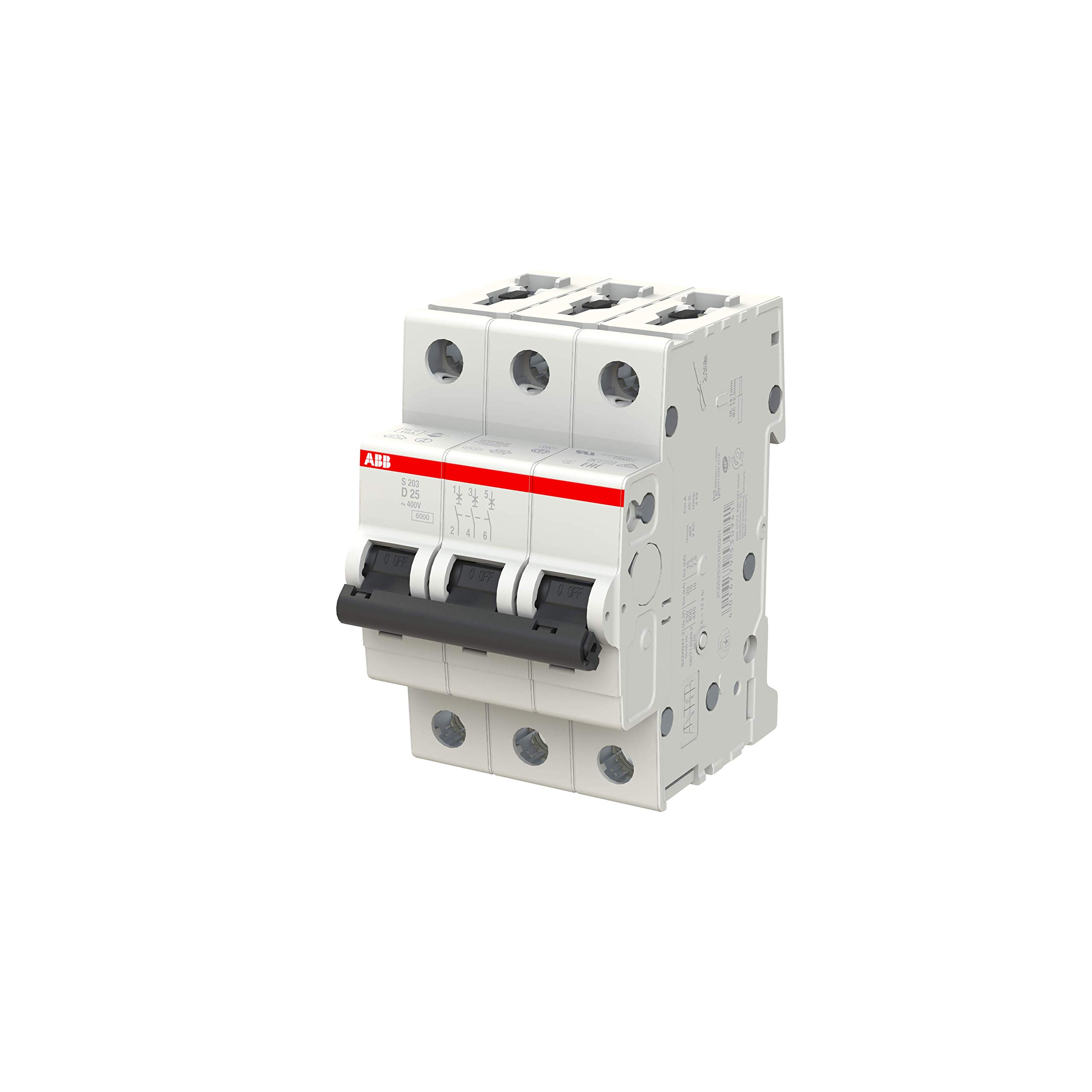ABB S203-D25 Miniatur-Leitungsschutzschalter, 3-polig, Typ D, 6/10 kA Schaltleistung, 25 A Strom (2CDS253001R0251), mehrfarbig