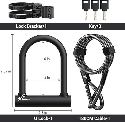 Miniatura 5 de Sportneer Cerradura de bicicleta U candado de bicicleta resistente con grillete de 0.709 in con cable de acero de seguridad de 6 pies - Cerraduras