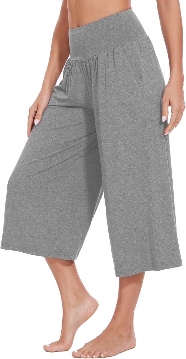 WiWi Women's Wide Leg Capri Pants Viscose from Bamboo Palazzo Lounge Bottoms with Pockets High Waist Pajama Bottom S-XXL