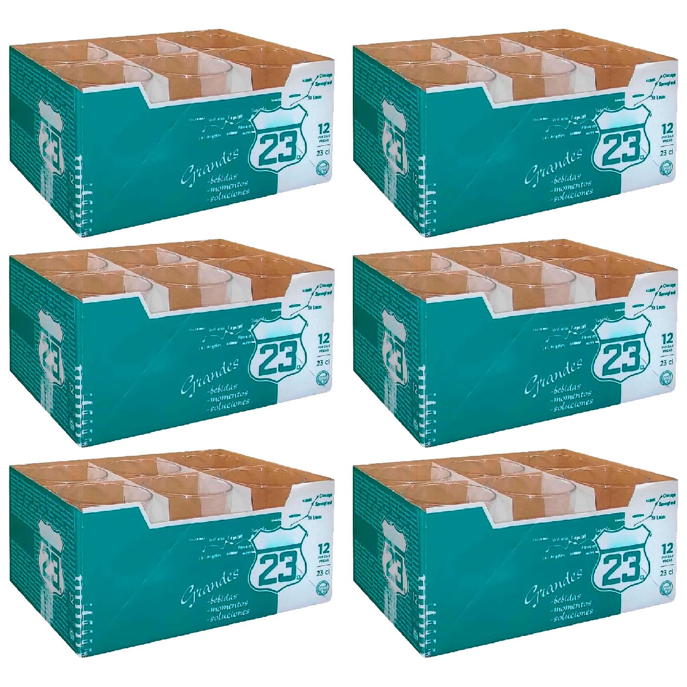 Acan Tradineur - Pack de 6 Caja de 12 vasos Modelo Ruta - Capacidad de 230 ML - Fabricado en Vidrio Resistente - Apto para lavavajillas - Tamaño aprox: diámetro 8,2 x 6 cm - 72 Uds Total