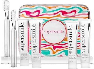 Supersmile Fluoride-Free Whitening Gift Set, Peppy Mint + Travel Bag | 2 Toothpastes + 2 Accelerators + 2 Toothbrushes + Bag, Whitens 6 Shades, Couples Travel Kit