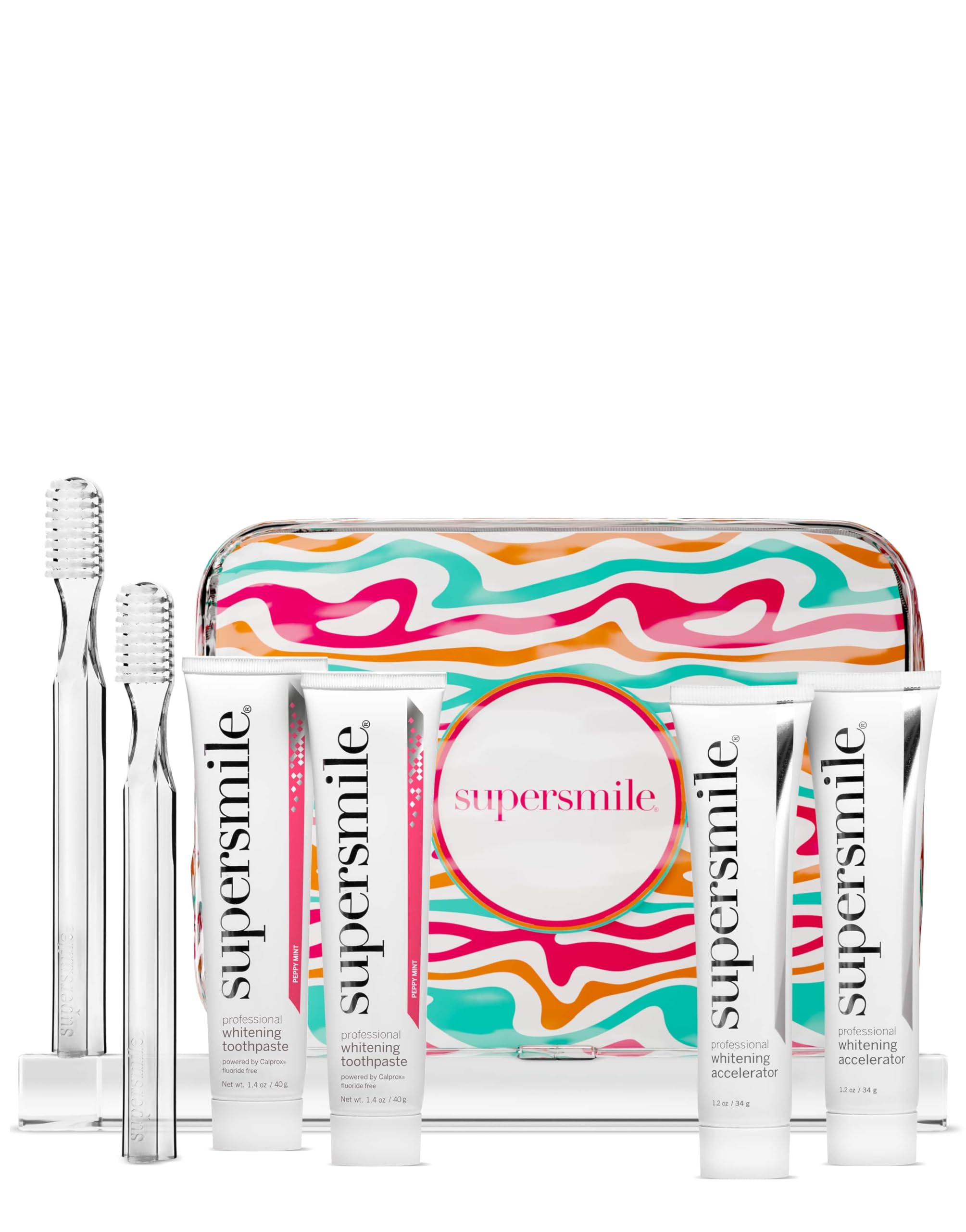 Supersmile Fluoride-Free Whitening System Gift Set with Travel Bag – 2 Calprox® Toothpastes, Accelerators & New Generation Toothbrushes – No Sensitivity, Whitens Up to 6 Shades & Strengthens Enamel