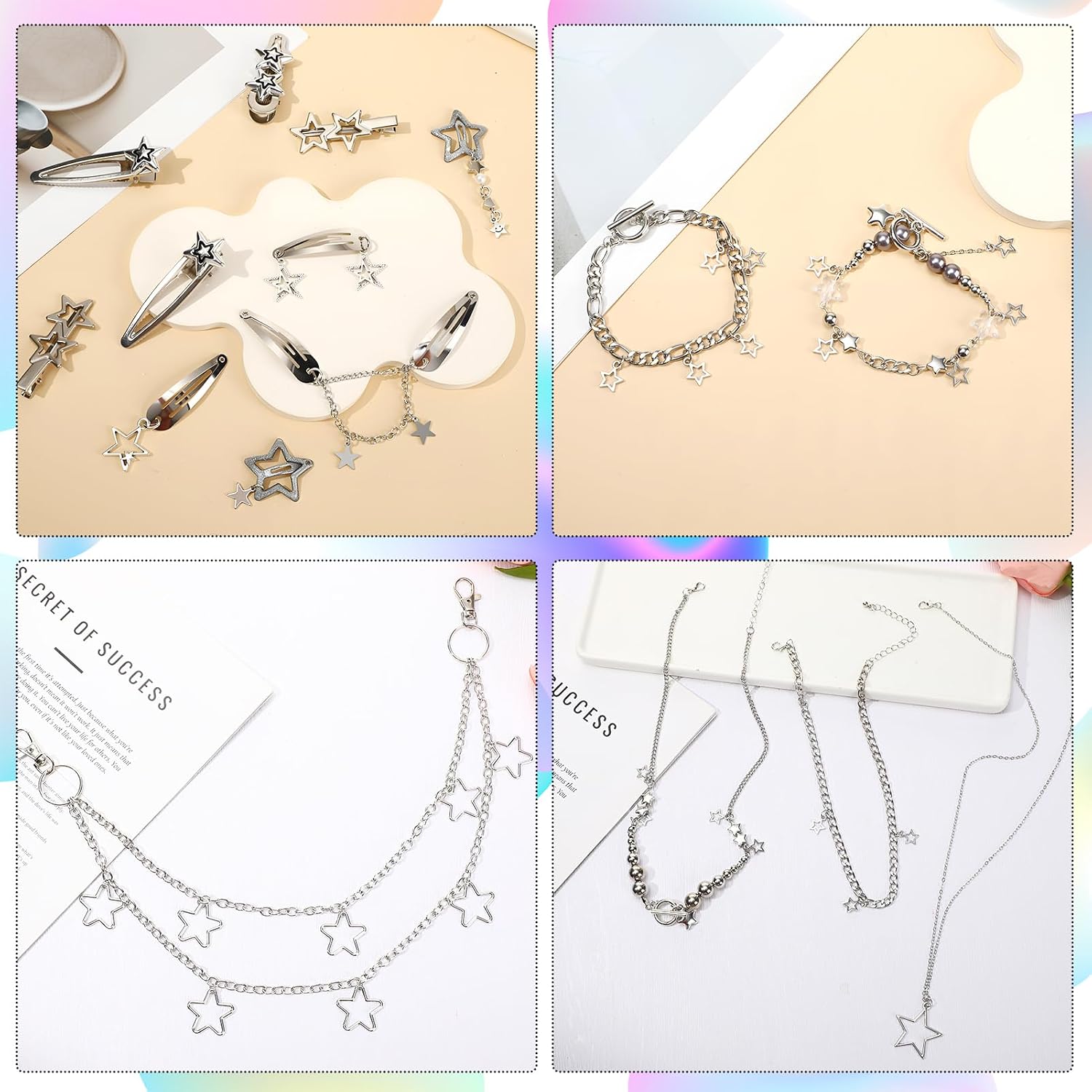 6PCS Jewelry Set with Y2K Leg Warmers for Women,Star Grunge Layered Necklace,Bracelets,Hip Hop Pants Chain,Y2K Sunglasses,Star Hair Clip Vintage Jewelry Set for Women