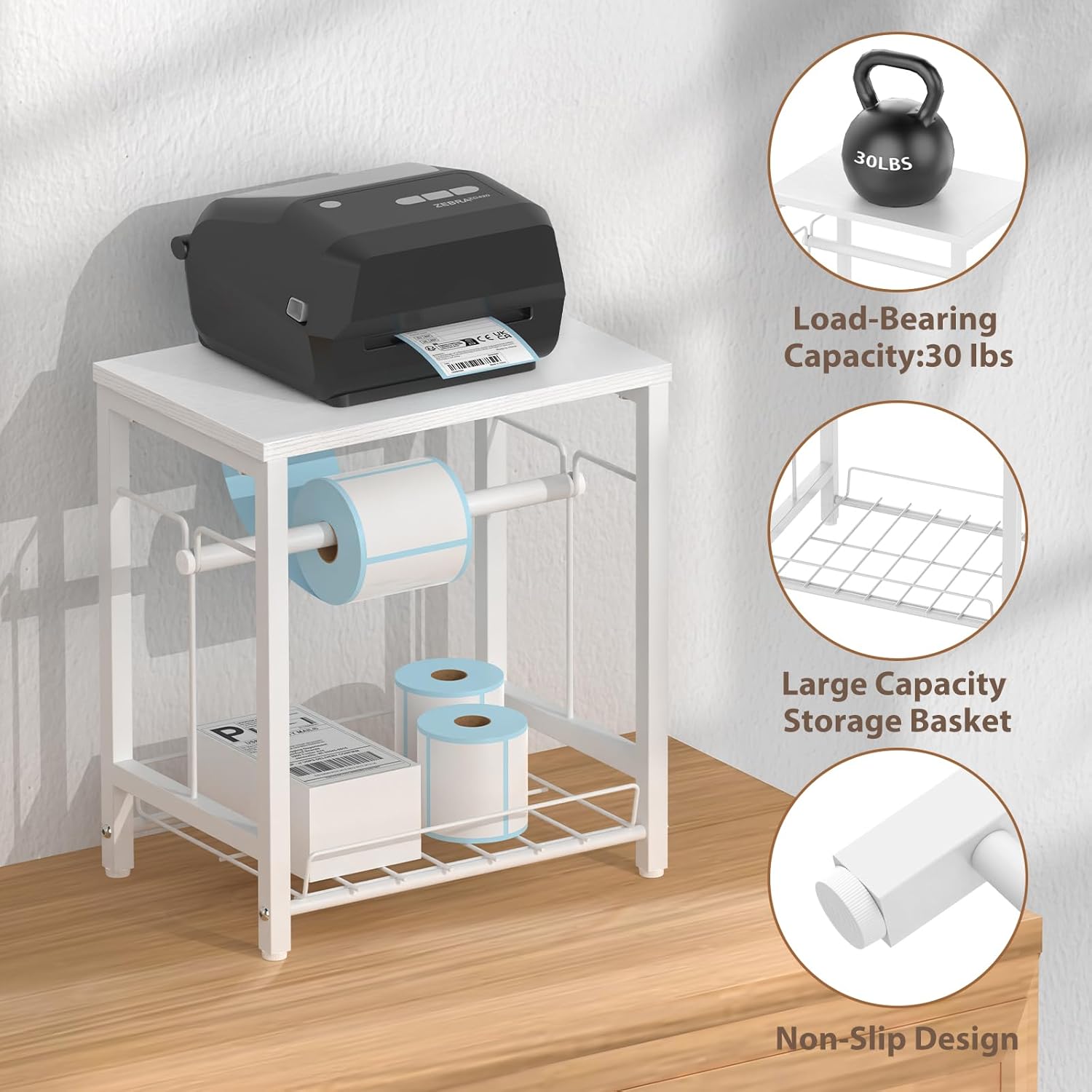 NANANARDOSO Label Holder for Thermal Printer with Basket,Wooden Label Holder for Shipping Label Printer,Sticker Roll Holder for Home, Office Small Business,White - Image 5