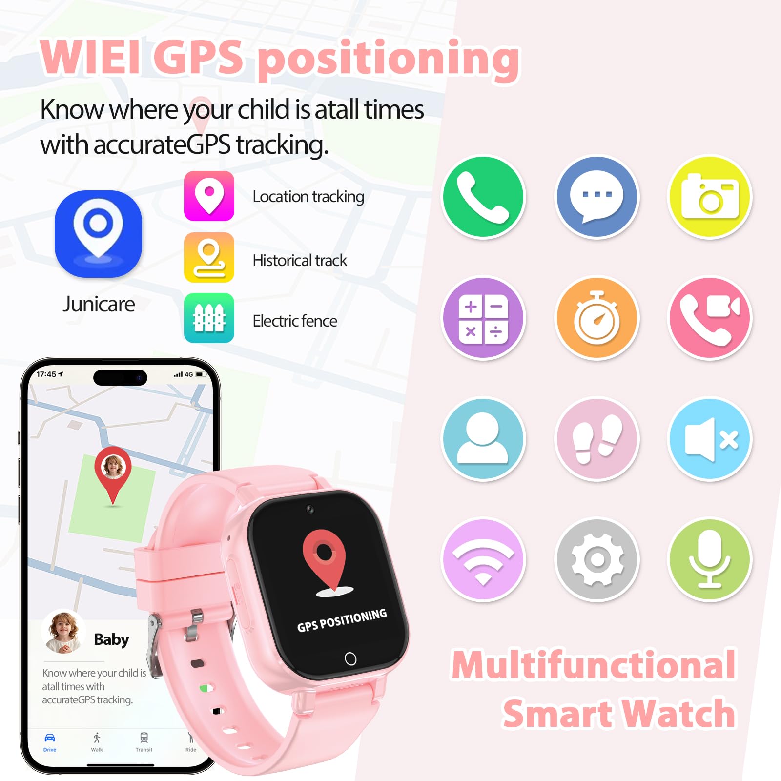 Smartwatch Bambini, Orologio Bambina con GPS, IP68 Smartwatch Bambino Chat Video/Vocale/WIFI/Ricezione SMS SOS Modalità Scuola Piccolo Orologio per Bambini, Regali Bambino Dai 4 Anni in Su, Rosa