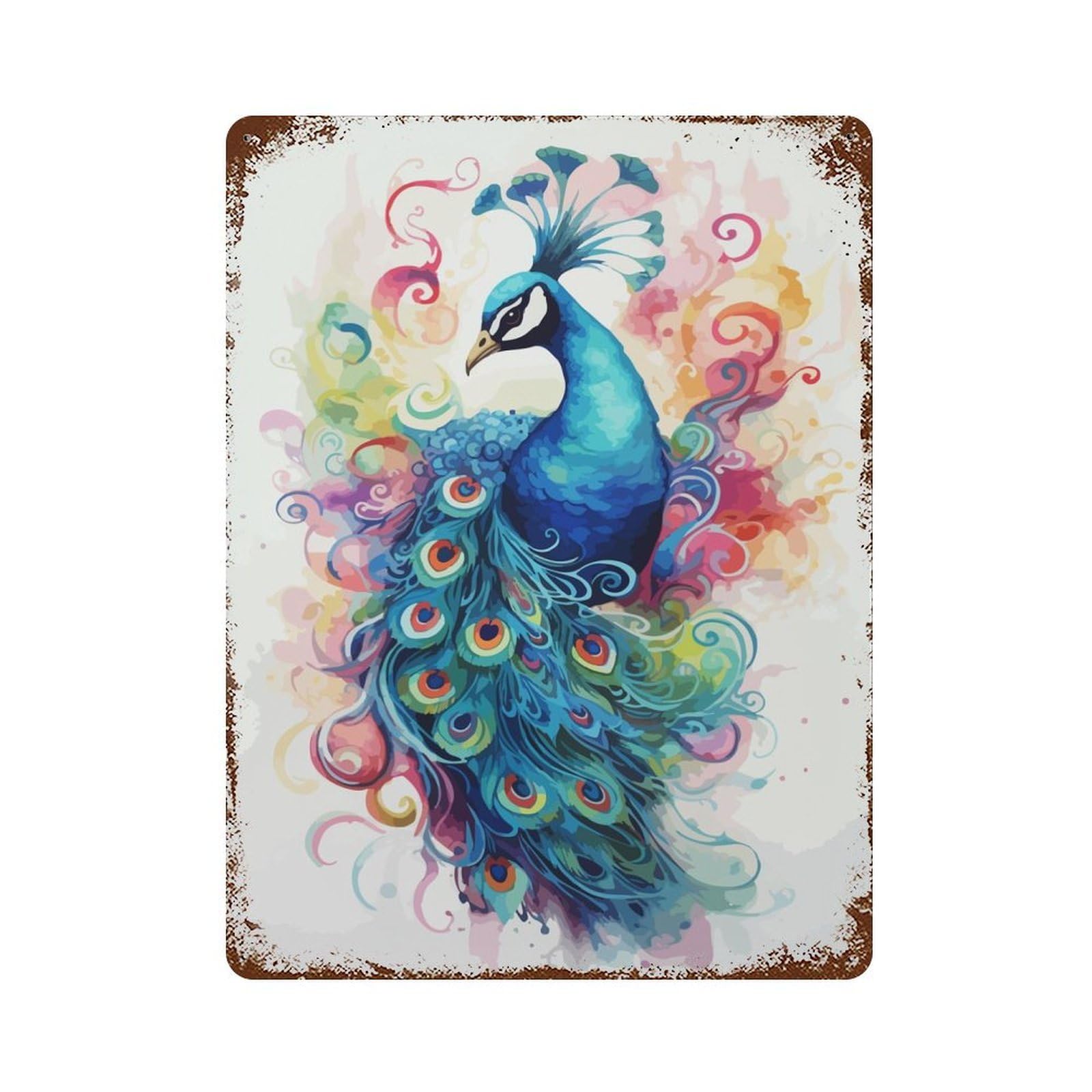 Peacock Watercolor Rust Effect Tin Sign 15.7"x11.8", Ideal for Farmhouse, Kitchen And Entryway Decor
