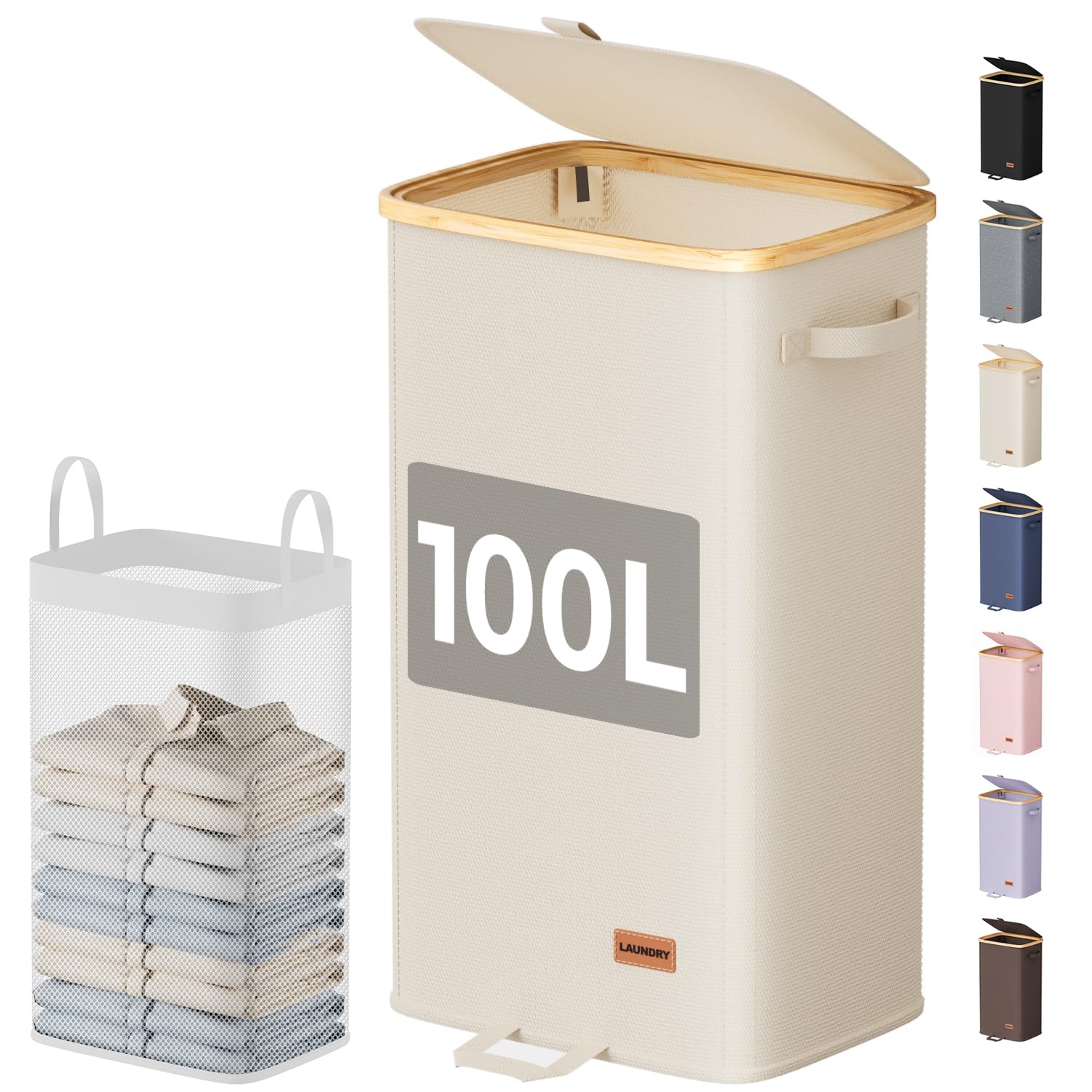 Hosynwin 100L Laundry Basket with Lid, Large Collapsible Hamper, Beige