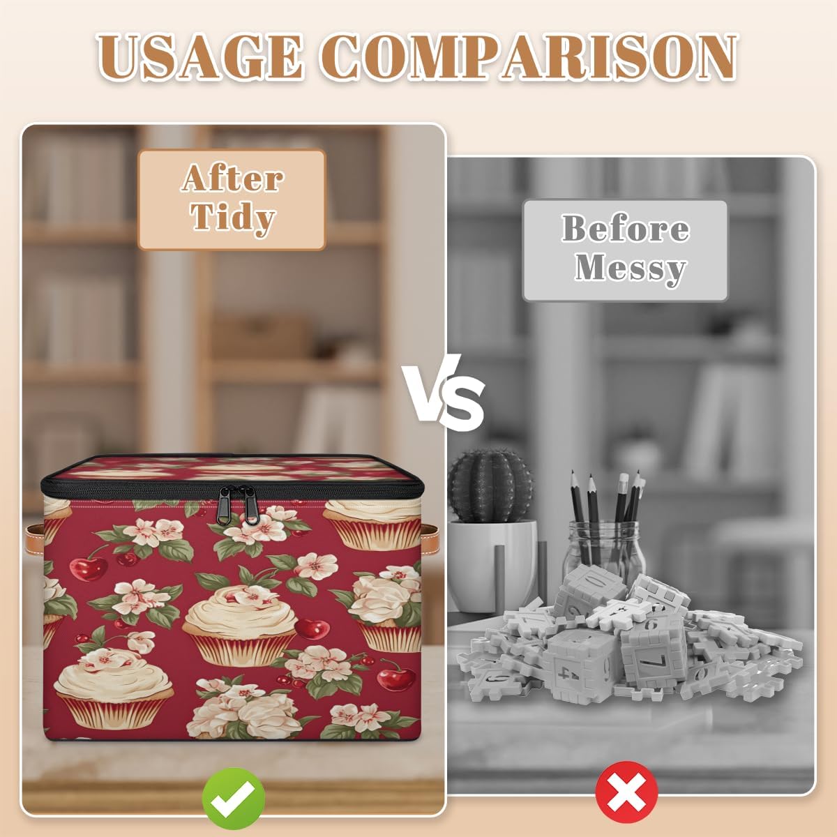 Storage Bin Set of 2 Flower Cupcake Storage Basket with Zipper Lid & Handle Foldable Closet Shelf 2 Pack Cloth Organizer Basket Cube Bins Clothes Organizer for Bedroom, Nursery