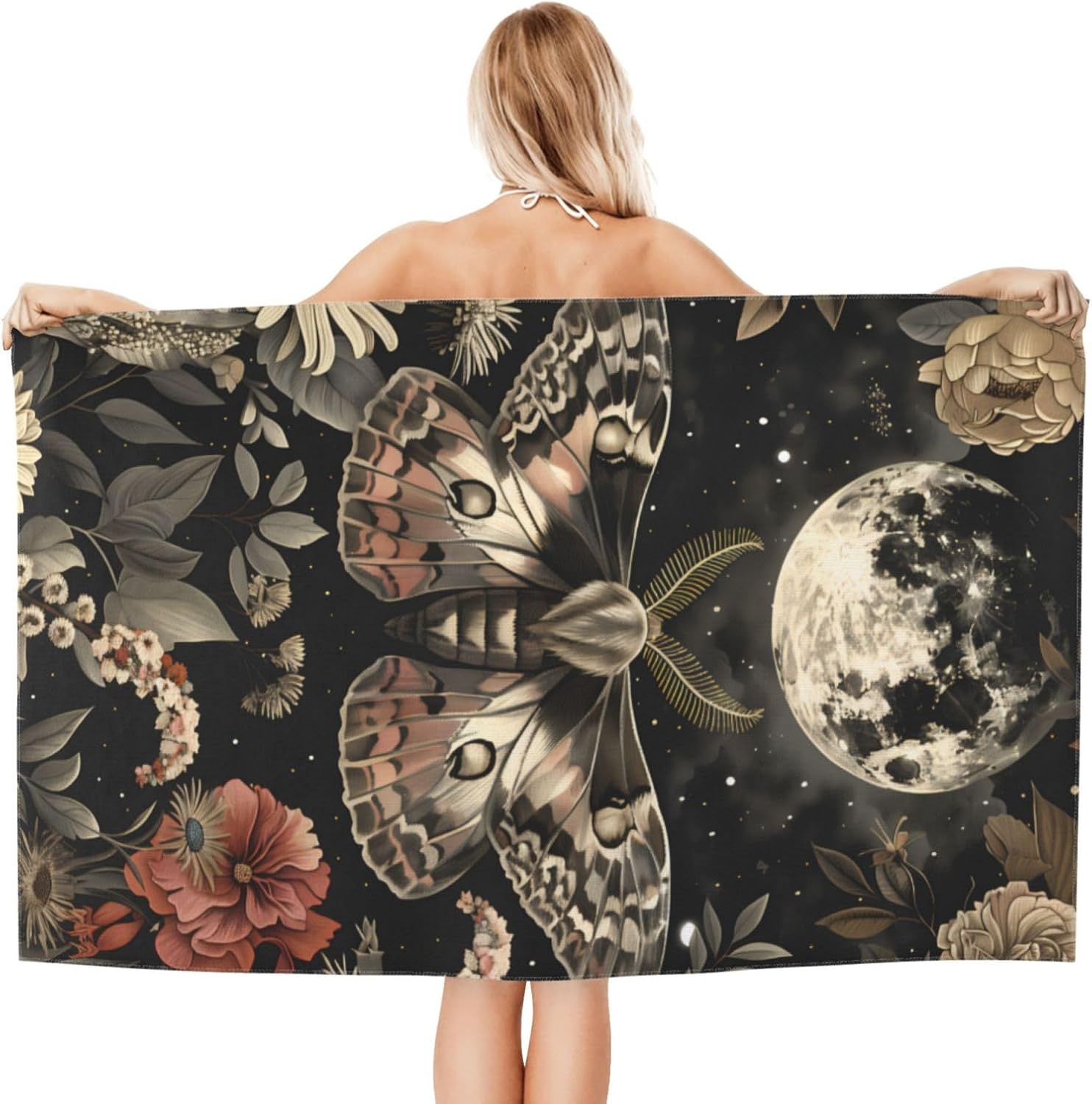 Retro Moth Beach Towel, 32x52in Microfiber Quick Dry Moon Floral Vintage Botanical Flower Night Sky Bath Towels, Soft Lightweight Oversized Sand Free, for Travel Pool Swimming Gym Decor, Gifts