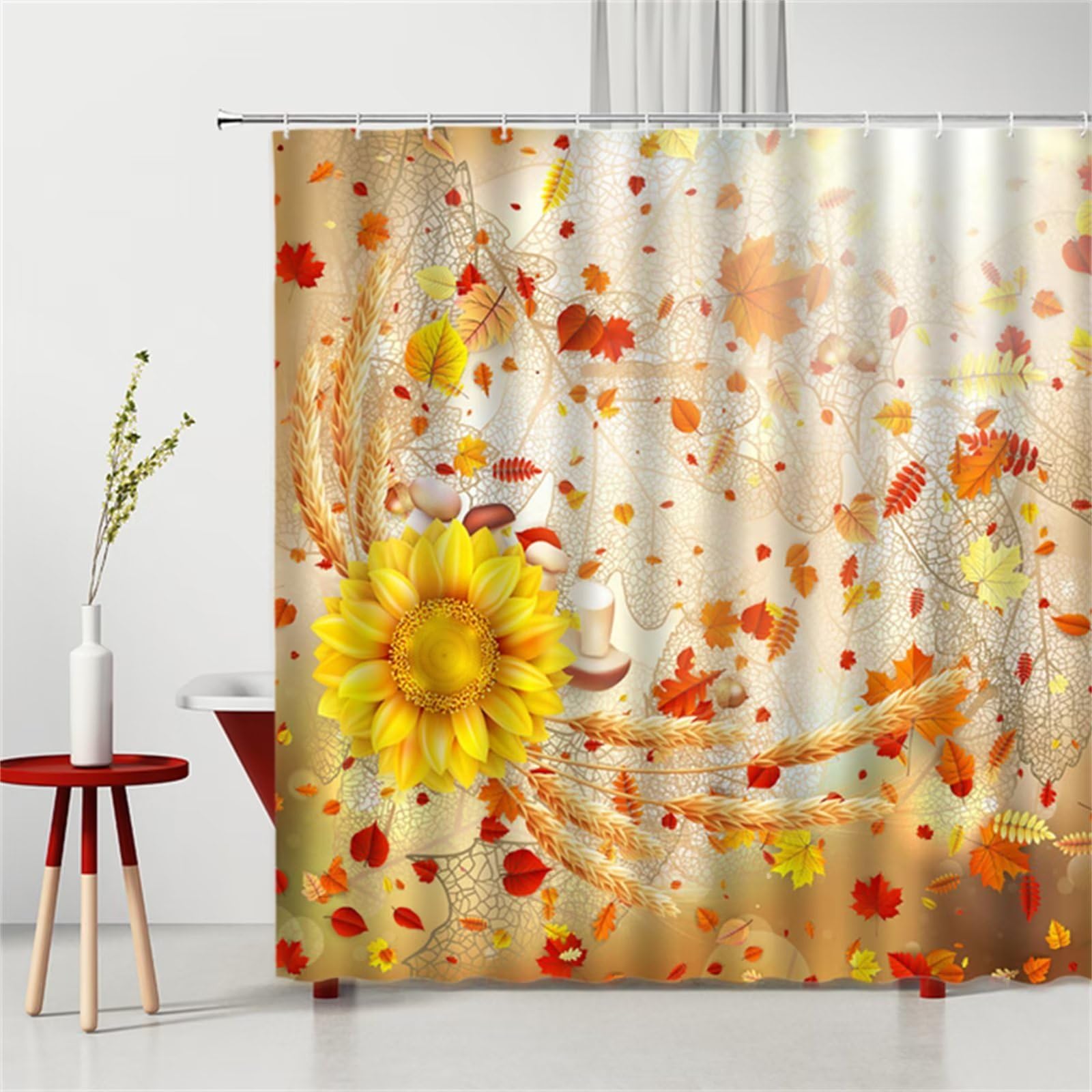 Tenda Doccia Antimuffa Tenda per Doccia 200x200cm Tende Doccia Tessuto Impermeabile Tenda Vasca Bagno con 12 Ganci Polyester Lavabile, Tenda Bagno con Anelli per Famiglia (Arredamento Autunnale) Z268