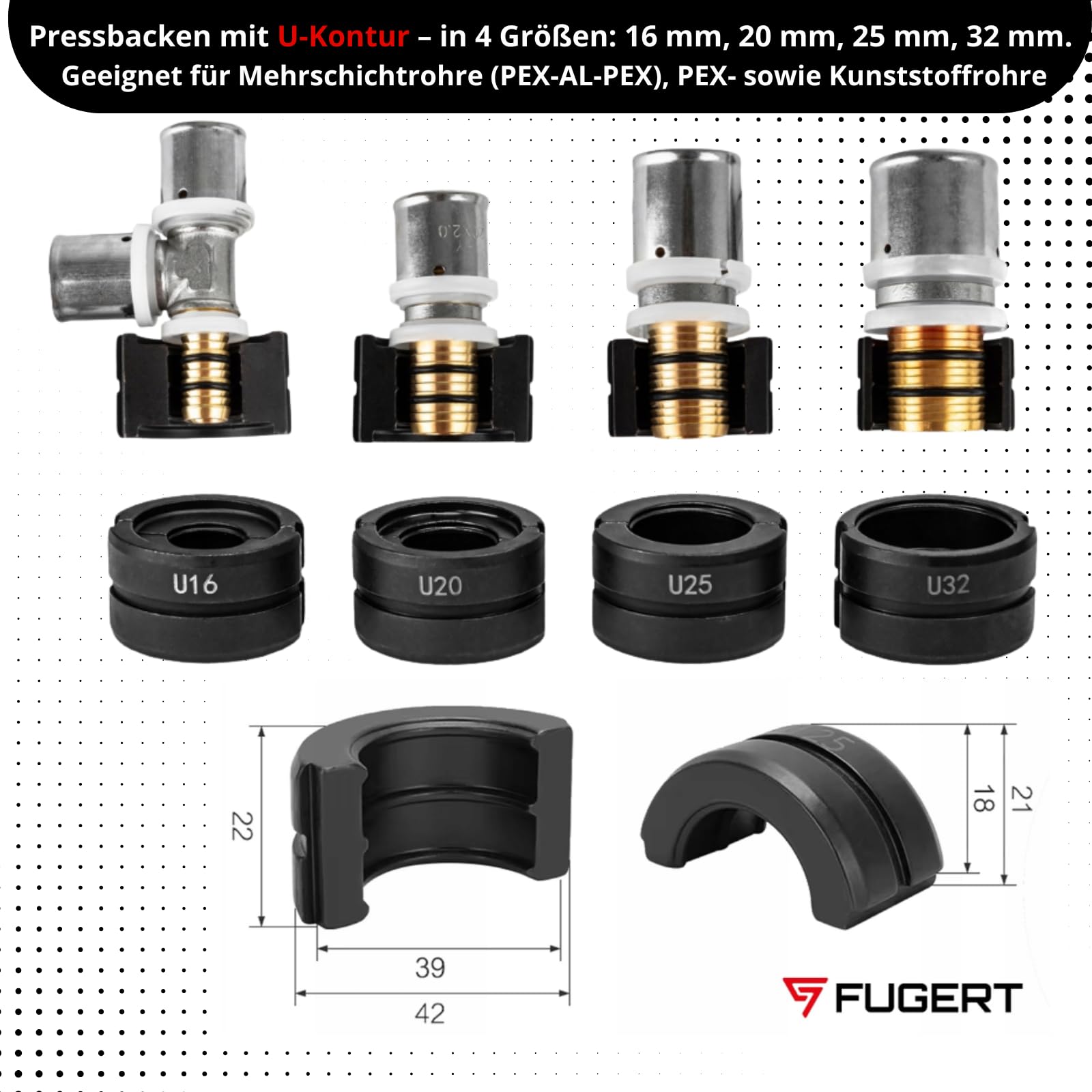 Presszange für Kupferrohr & Verbundrohr 3 Konturen V/TH/U 15–32mm - 12T Hydraulische Rohrpresszange - Edelstahlrohr - 360° Kopf - Koffer