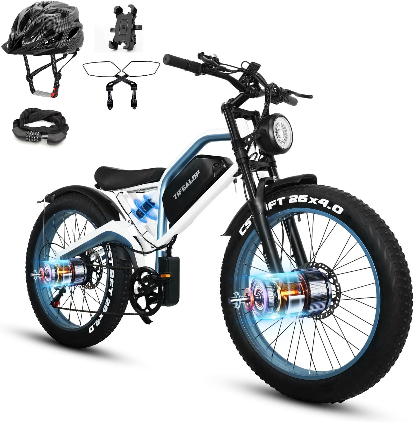 Electric Bike for Adults, 7-Speed-Gear E-Bike, Fat Tire Dual Motor Removable Battery Ebike, 60 Miles Off Road Mountain Electric Bicycle with Dual Hydraulic Disc Brakes…