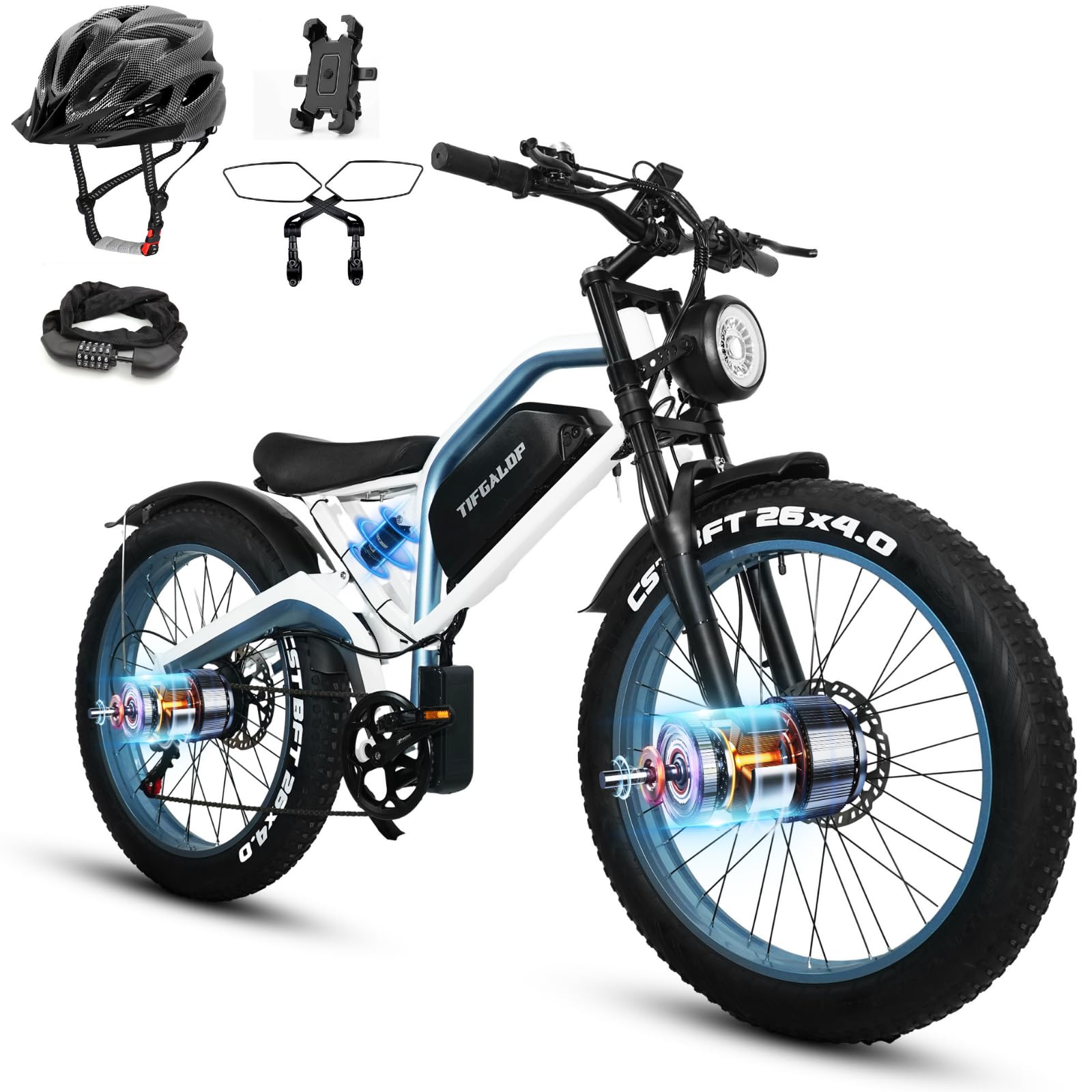 Electric Bike for Adults, 7-Speed-Gear E-Bike, Fat Tire Dual Motor Removable Battery Ebike, 60 Miles Off Road Mountain Electric Bicycle with Dual Hydraulic Disc Brakes…