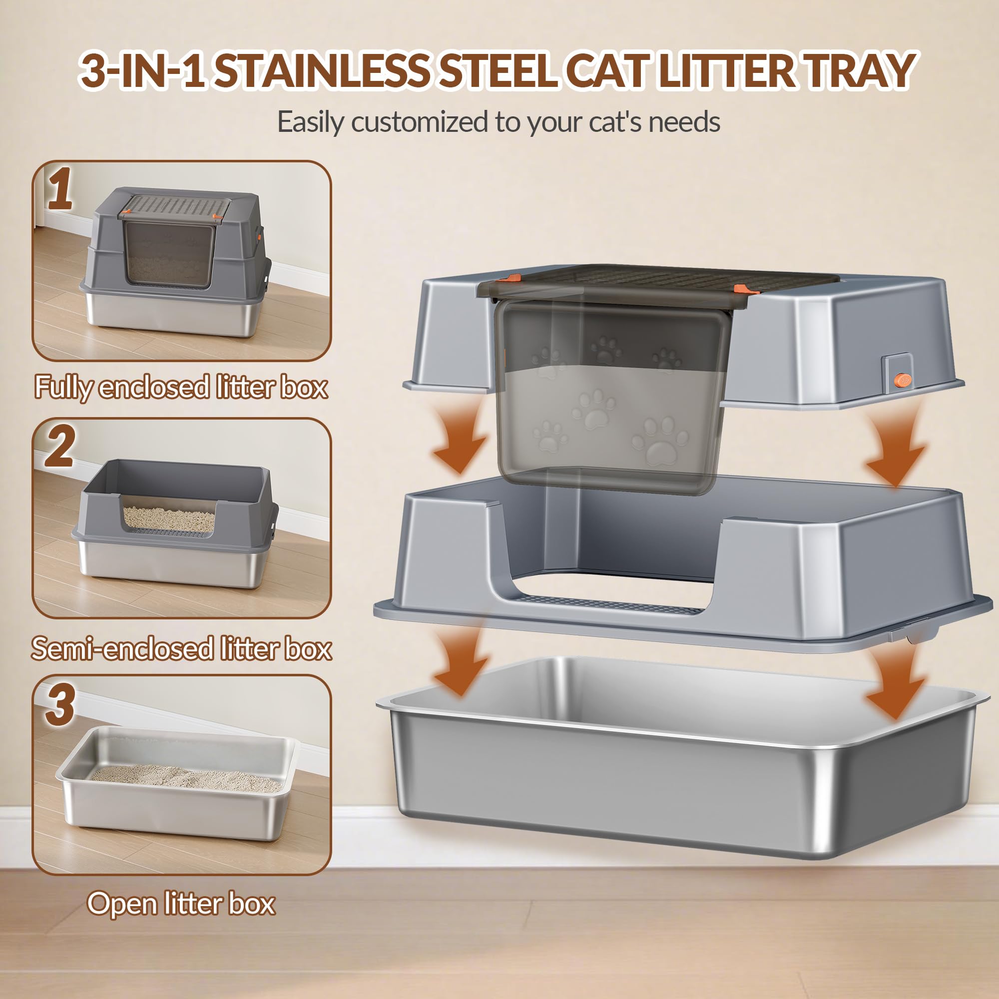 Edelstahl Katzenklo mit Deckel XXXL, 70 x 50 x 45 cm, Dunkelgrau | Geschlossene Metall Katzentoilette, 105° Klappbar Deckel, Inklusive Pedal und Schaufel, Leicht zu Reinigen, Modulares Design