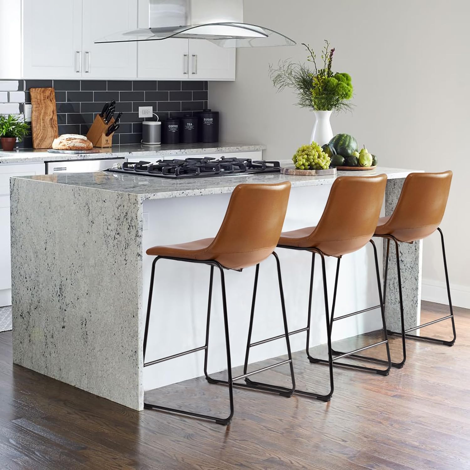 Waleaf 26 inch Bar Stools Set of 4,Counter Height Bar Stools with Back, Modern PU Leather Stools with Metal Leg and Footrest (Whisky, 4 Pcs 26" Counter Height Barstools)